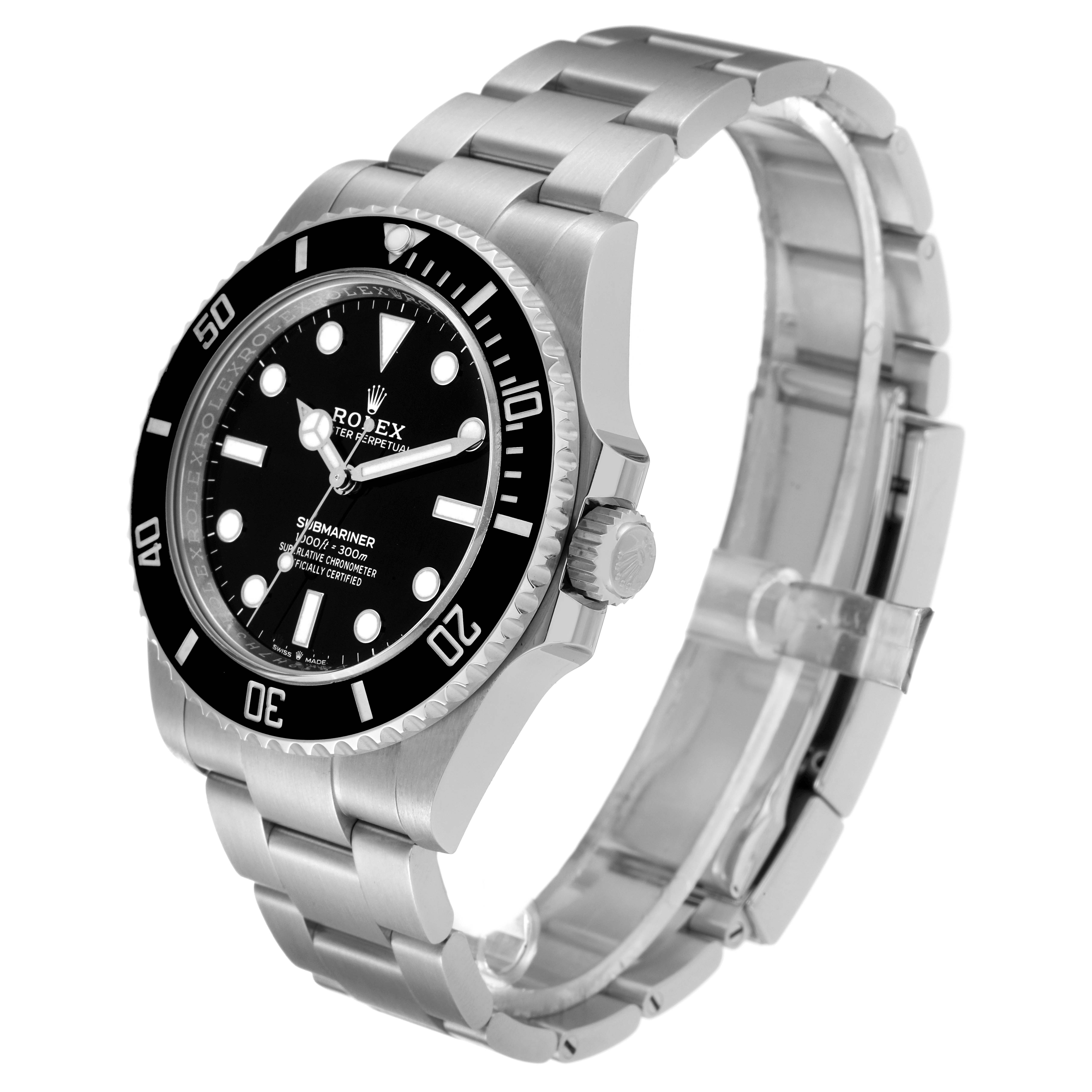 The image shows a frontal side angle of a Rolex Submariner 124060 Men
s Stainless Steel Black Dial 124060 Men
s Stainless Steel Black Dial watch, highlighting its face, bezel, crown, and bracelet.