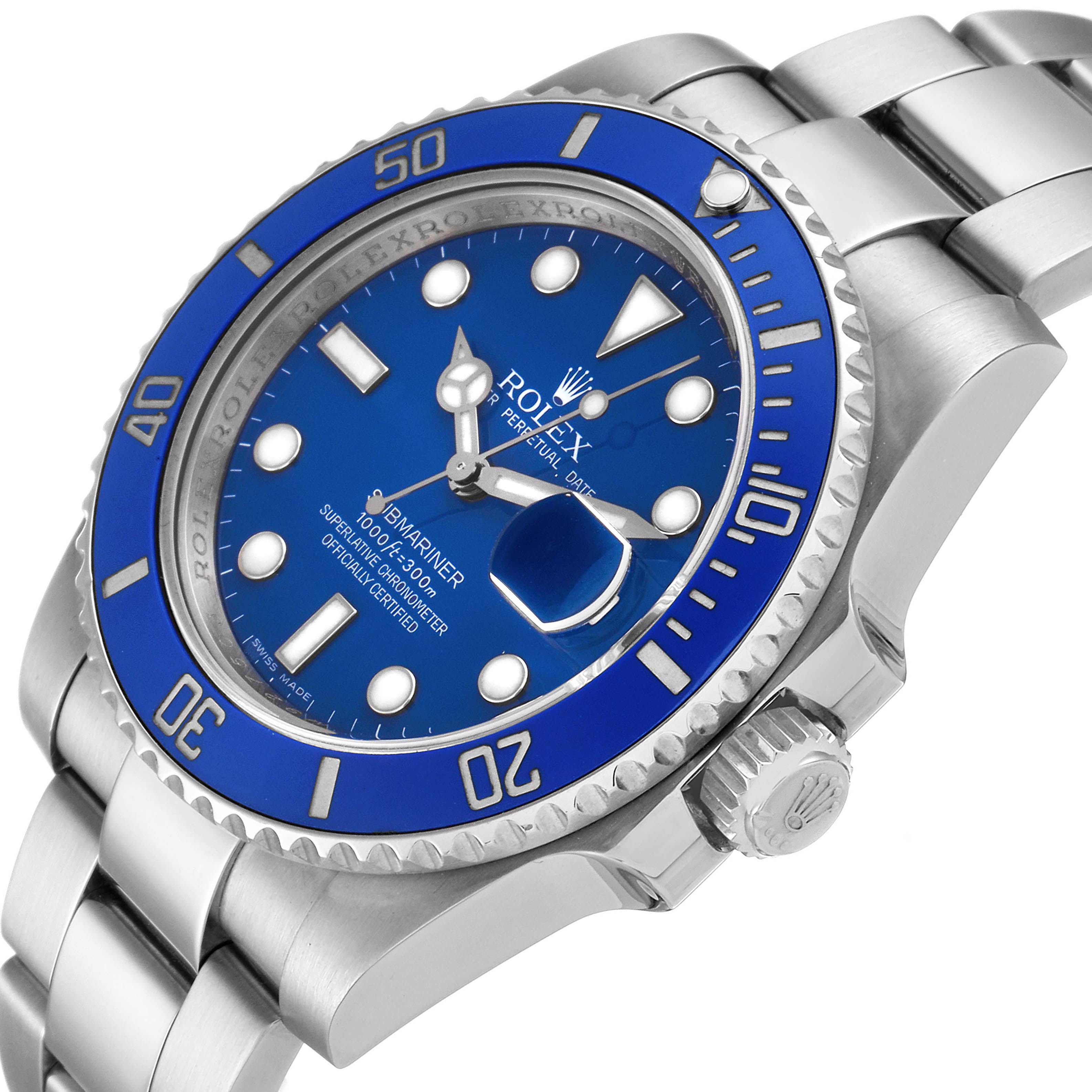The image shows a Rolex Submariner 116619 Men's White Gold Blue Dial 116619 Men's White Gold Blue Dial watch from a front-side angle, highlighting its blue dial, bezel, and stainless steel bracelet.