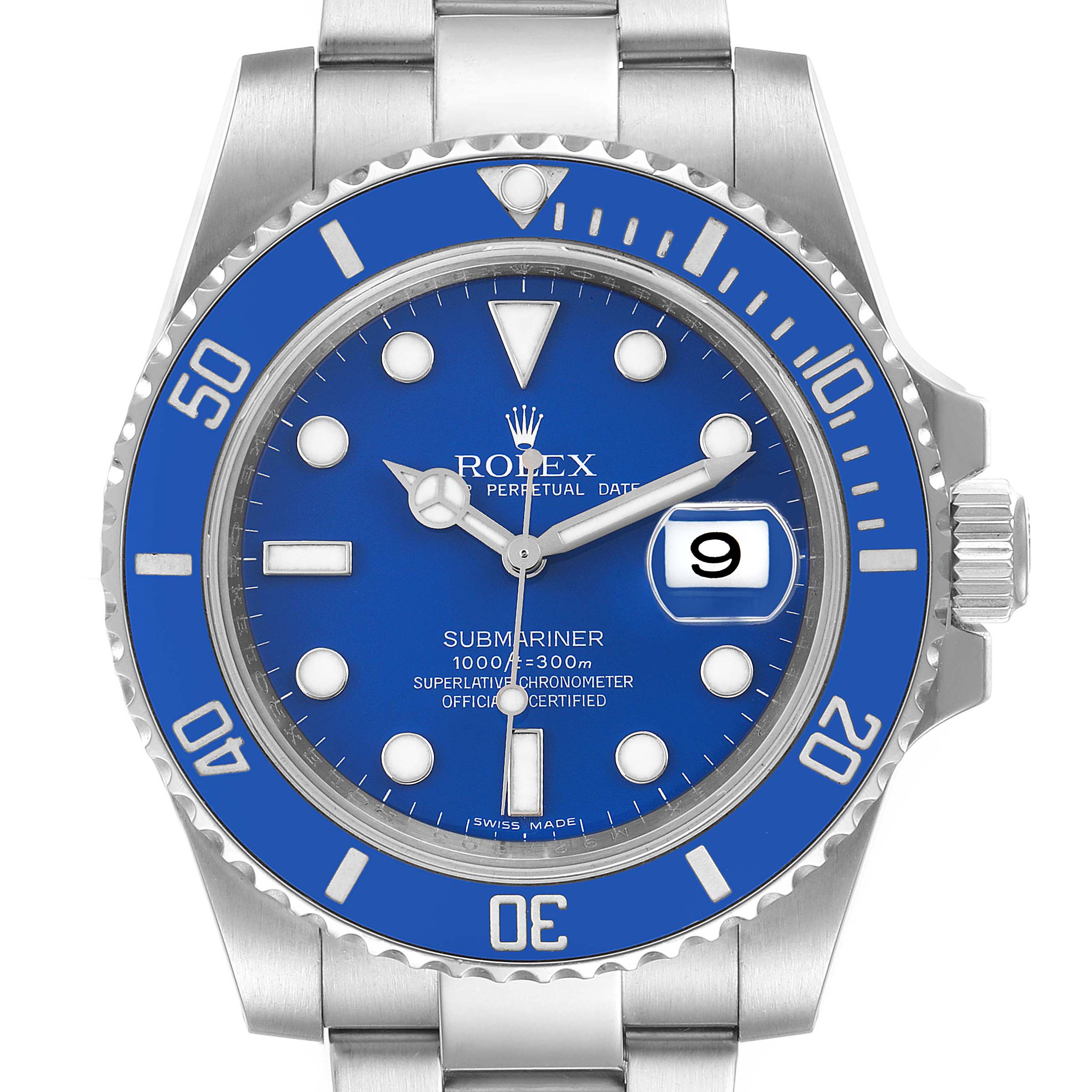 The image shows a frontal view of the Rolex Submariner 116619 Men's White Gold Blue Dial 116619 Men's White Gold Blue Dial watch, featuring a blue dial and bezel with a stainless steel bracelet.