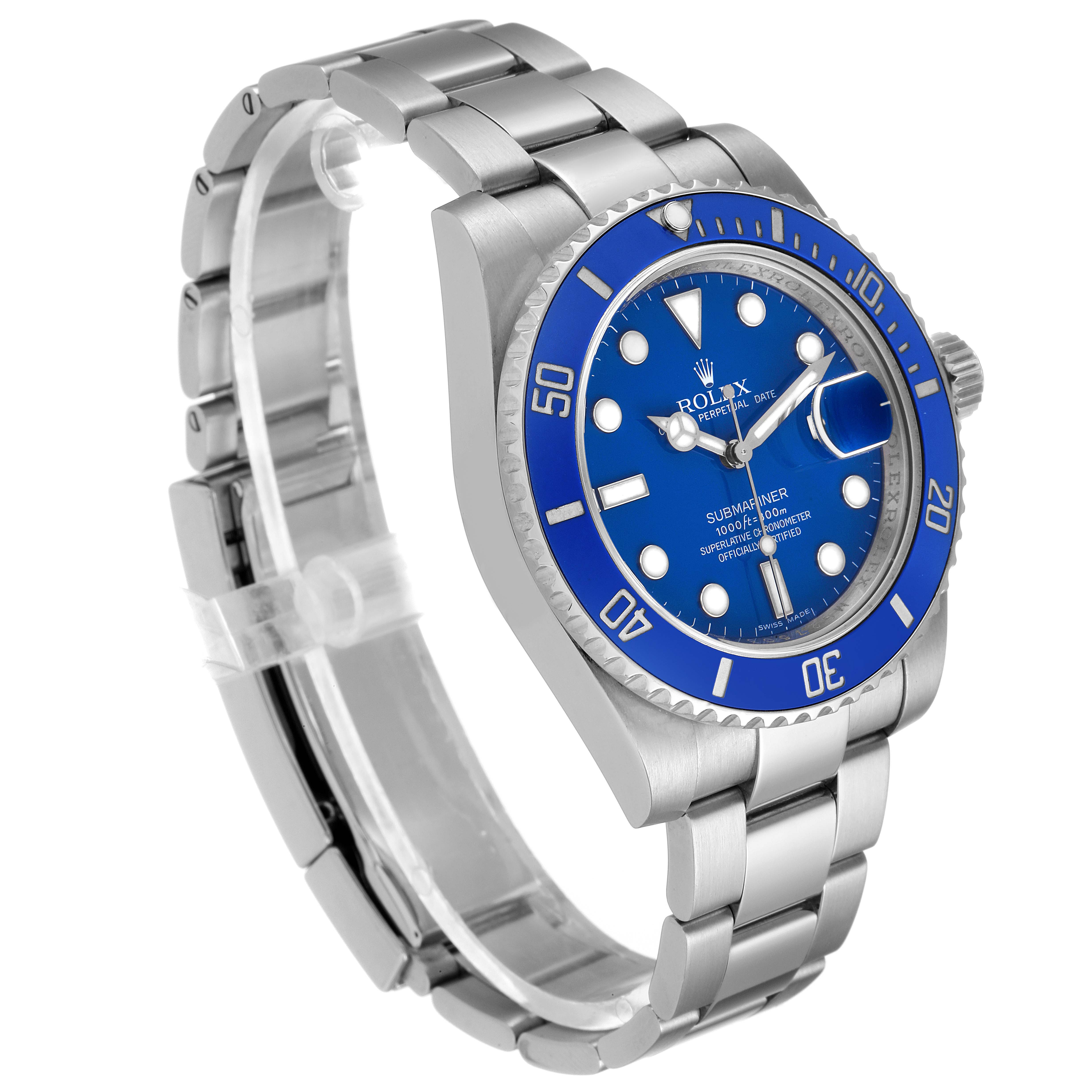 This image shows a Rolex Submariner 116619 Men's White Gold Blue Dial 116619 Men's White Gold Blue Dial watch with a blue dial and bezel, photographed at a slight angle displaying the face and bracelet.