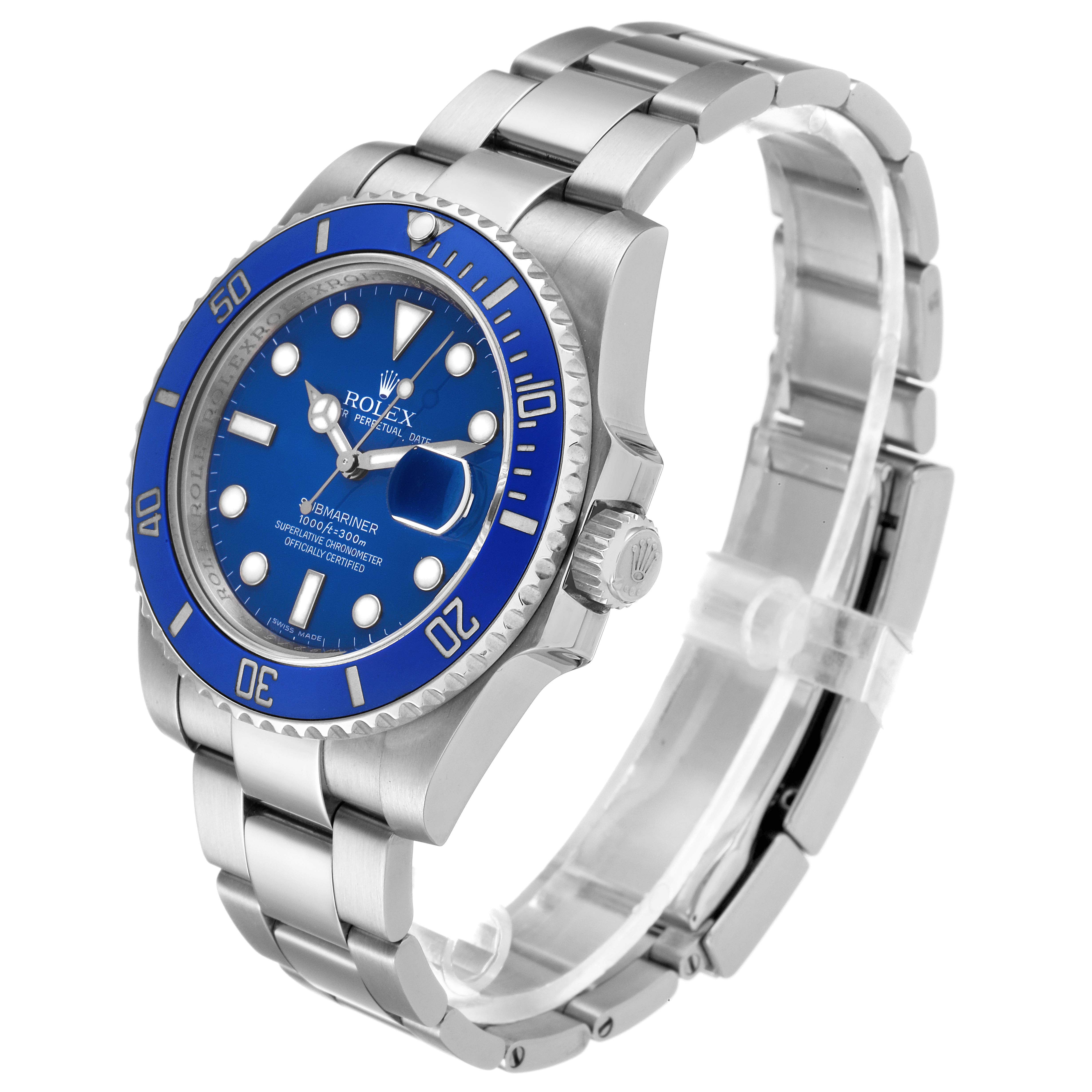 The image shows a side angle of a Rolex Submariner 116619 Men's White Gold Blue Dial 116619 Men's White Gold Blue Dial watch, highlighting its blue bezel, dial, and metallic bracelet.