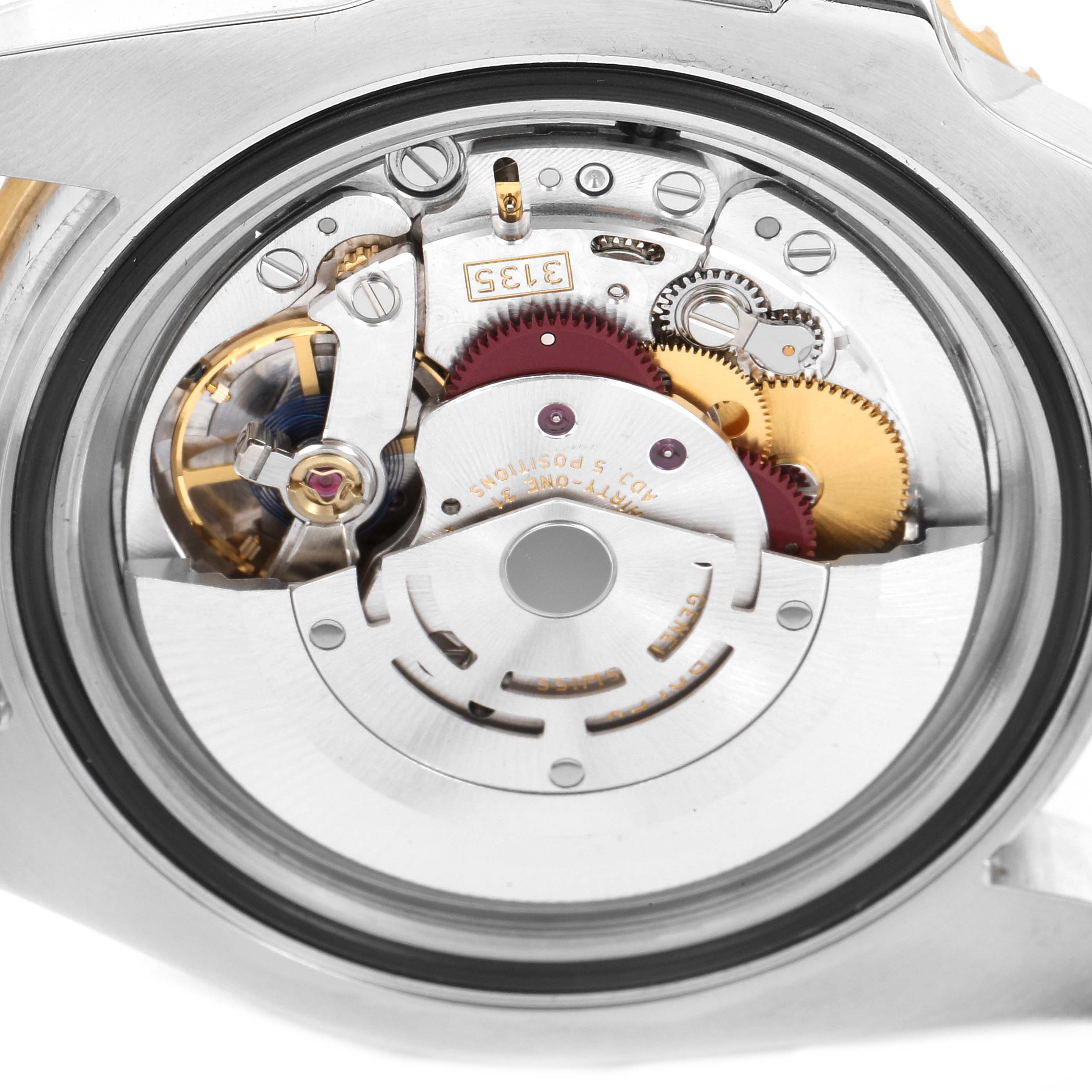 The image shows the internal mechanical movement of the Rolex Submariner 116613 Men
s Steel and Gold (two tone) Blue Dial 116613 Men
s Steel and Gold (two tone) Blue Dial watch from a rear angle.