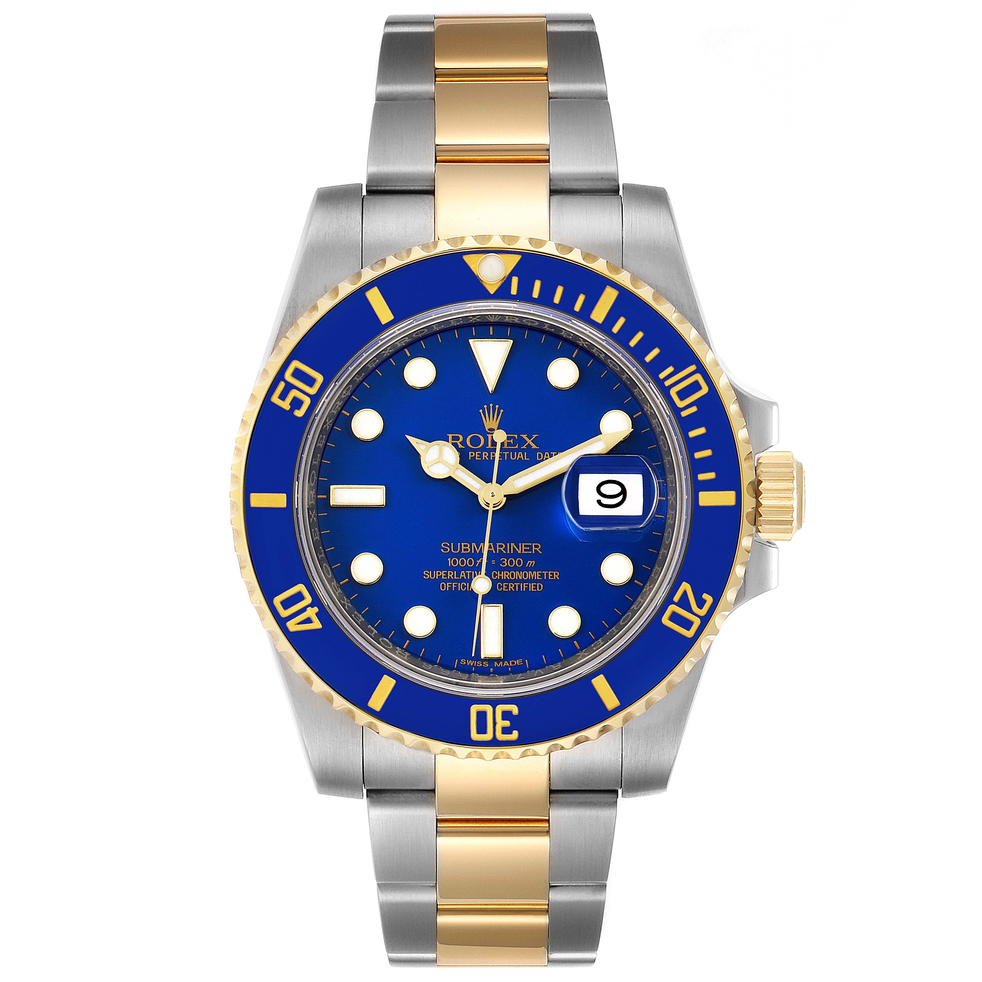 The image shows a front view of a Rolex Submariner 116613 Men
s Steel and Gold (two tone) Blue Dial 116613 Men
s Steel and Gold (two tone) Blue Dial watch, highlighting the blue dial, bezel, and two-tone metal bracelet.