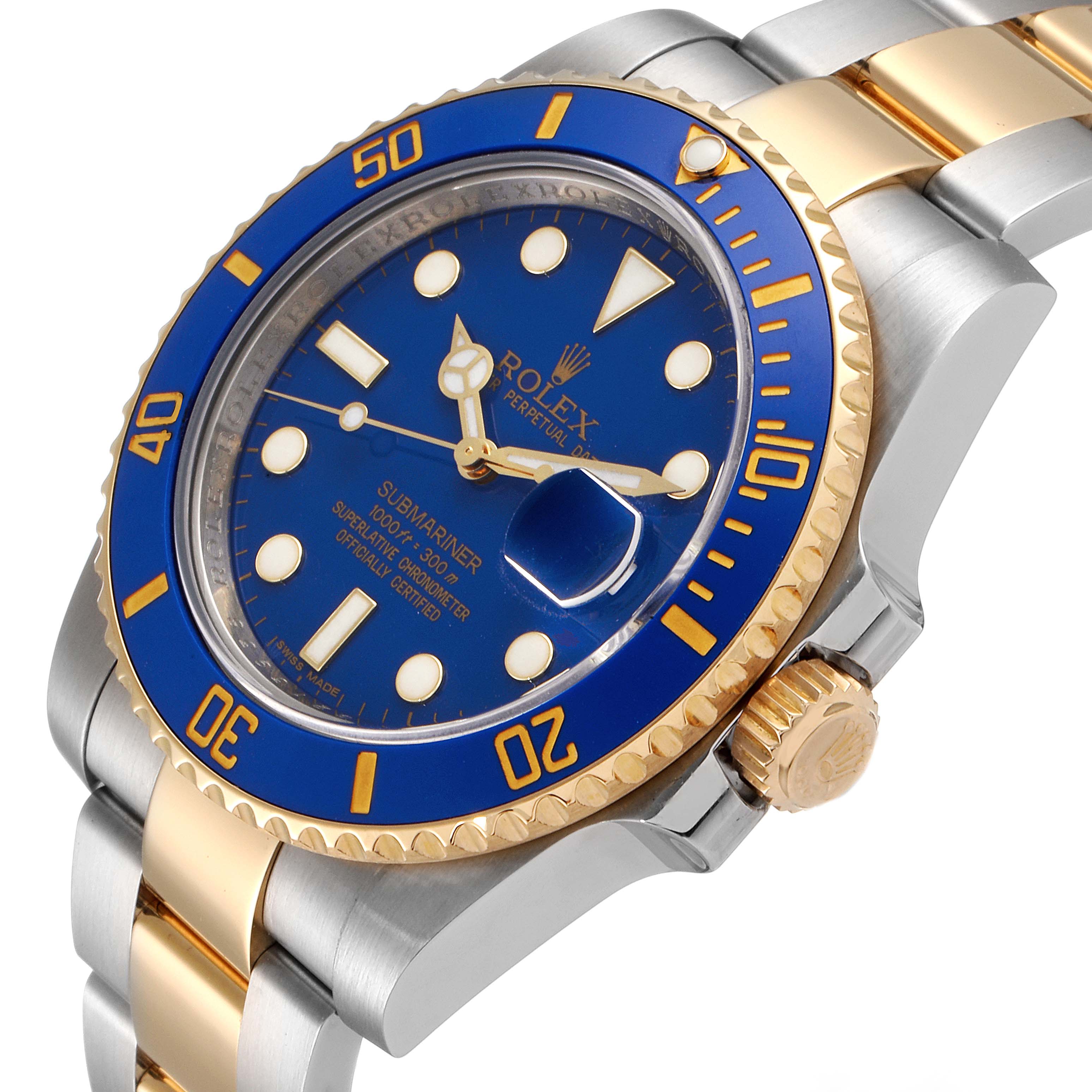 The image shows a perspective view of the Rolex Submariner 116613 Men
s Steel and Gold (two tone) Blue Dial 116613 Men
s Steel and Gold (two tone) Blue Dial watch displaying the dial, bezel, crown, and part of the bracelet.