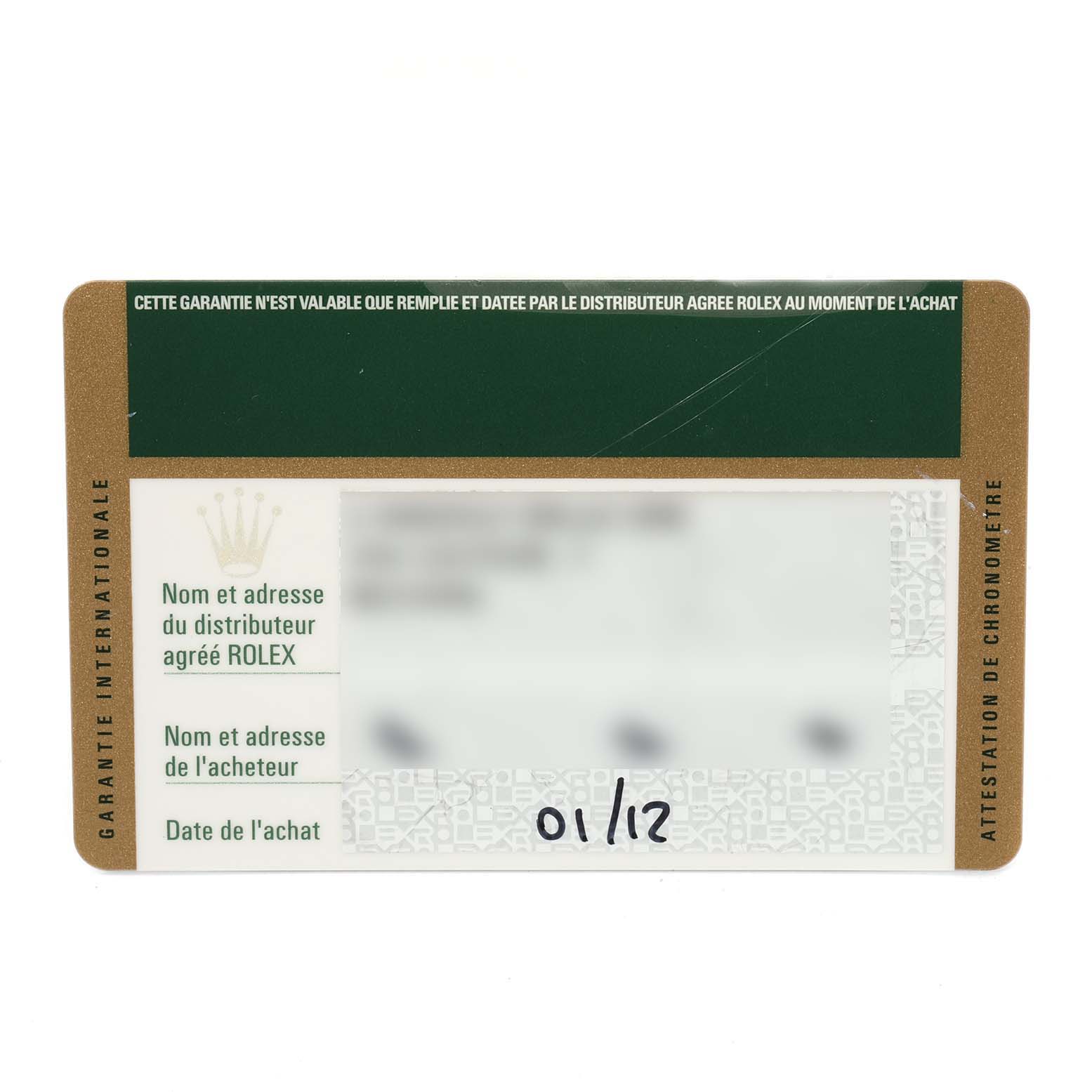 This image shows the warranty card of a Rolex Submariner 116613 Men
s Steel and Gold (two tone) Blue Dial 116613 Men
s Steel and Gold (two tone) Blue Dial watch.