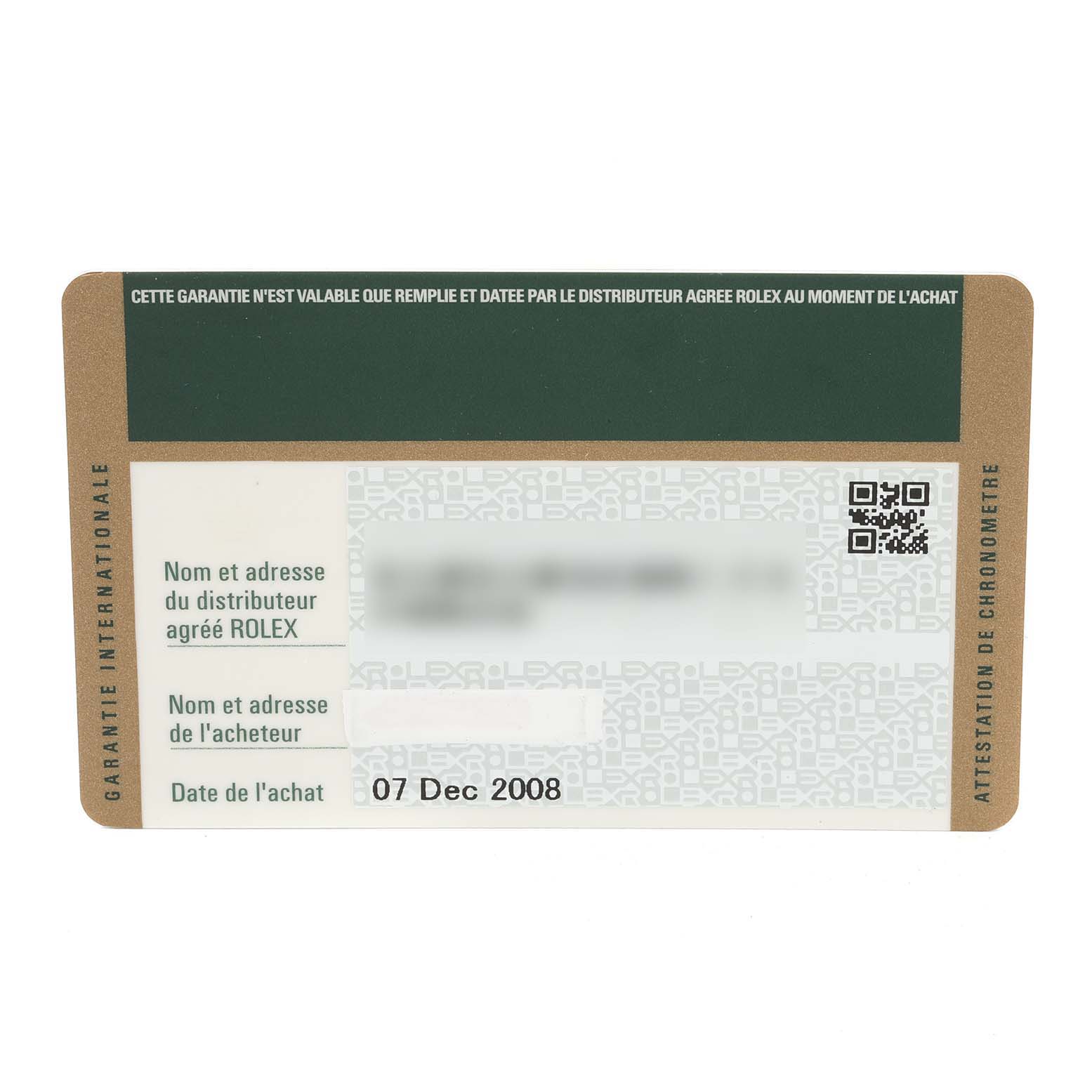 This image shows the warranty card for the Rolex Submariner 116619 Men's White Gold Blue Dial 116619 Men's White Gold Blue Dial, with purchase details and distributor information.