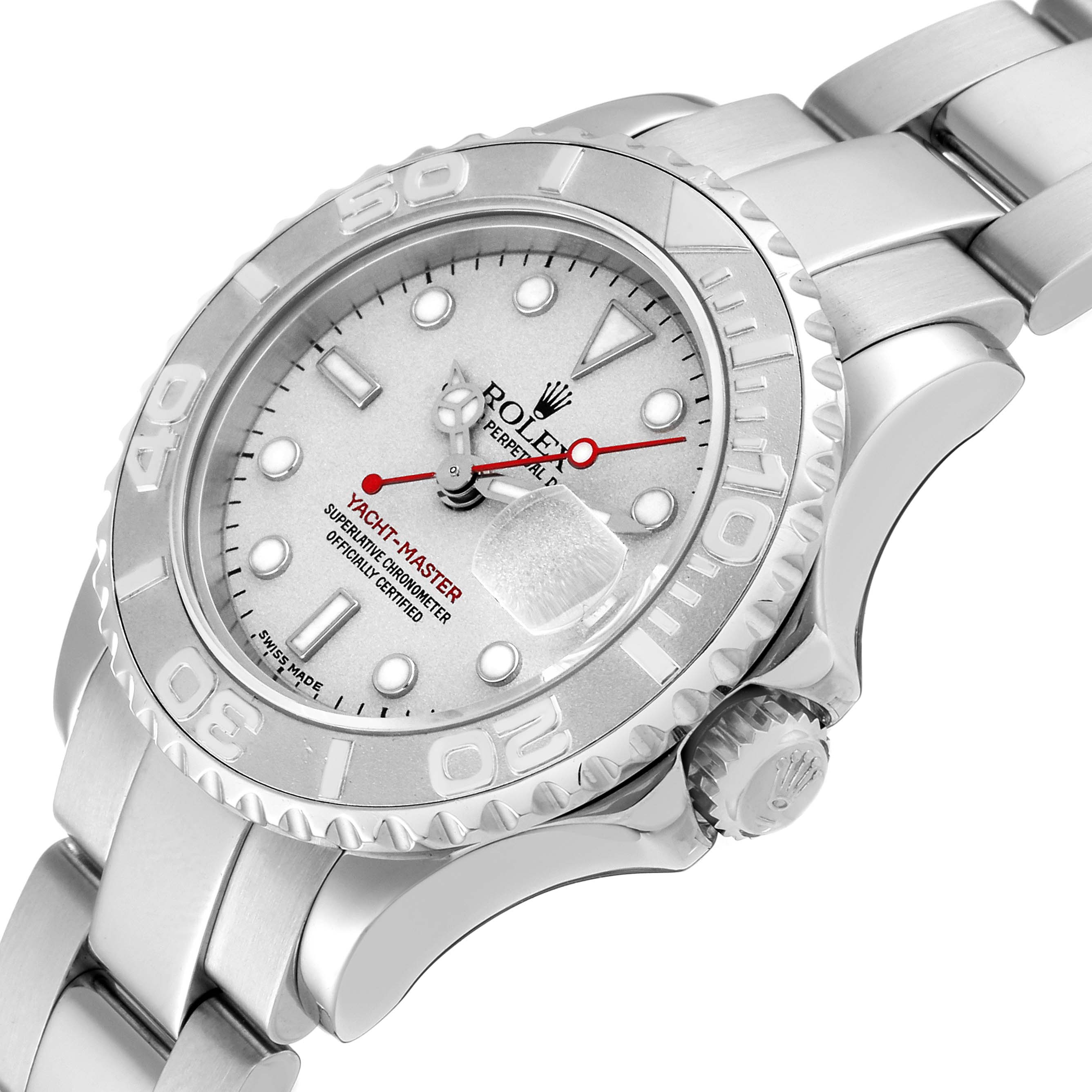 The image shows a close-up angled view of a Rolex Yacht-Master 169622 Women's Stainless Steel Silver Dial 169622 Women's Stainless Steel Silver Dial watch face, bezel, crown, and part of the bracelet.