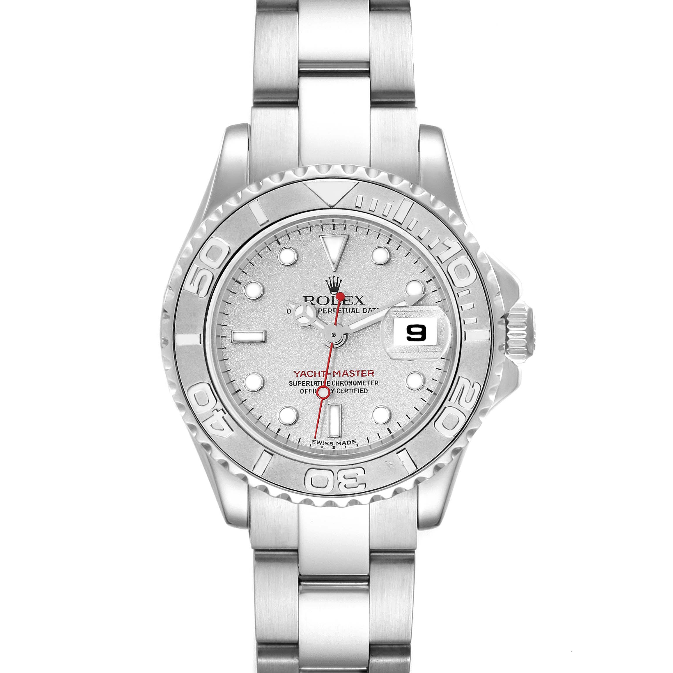 The Rolex Yacht-Master 169622 Women's Stainless Steel Silver Dial 169622 Women's Stainless Steel Silver Dial watch is shown from a straight-on angle highlighting its silver dial, bezel, and bracelet.
