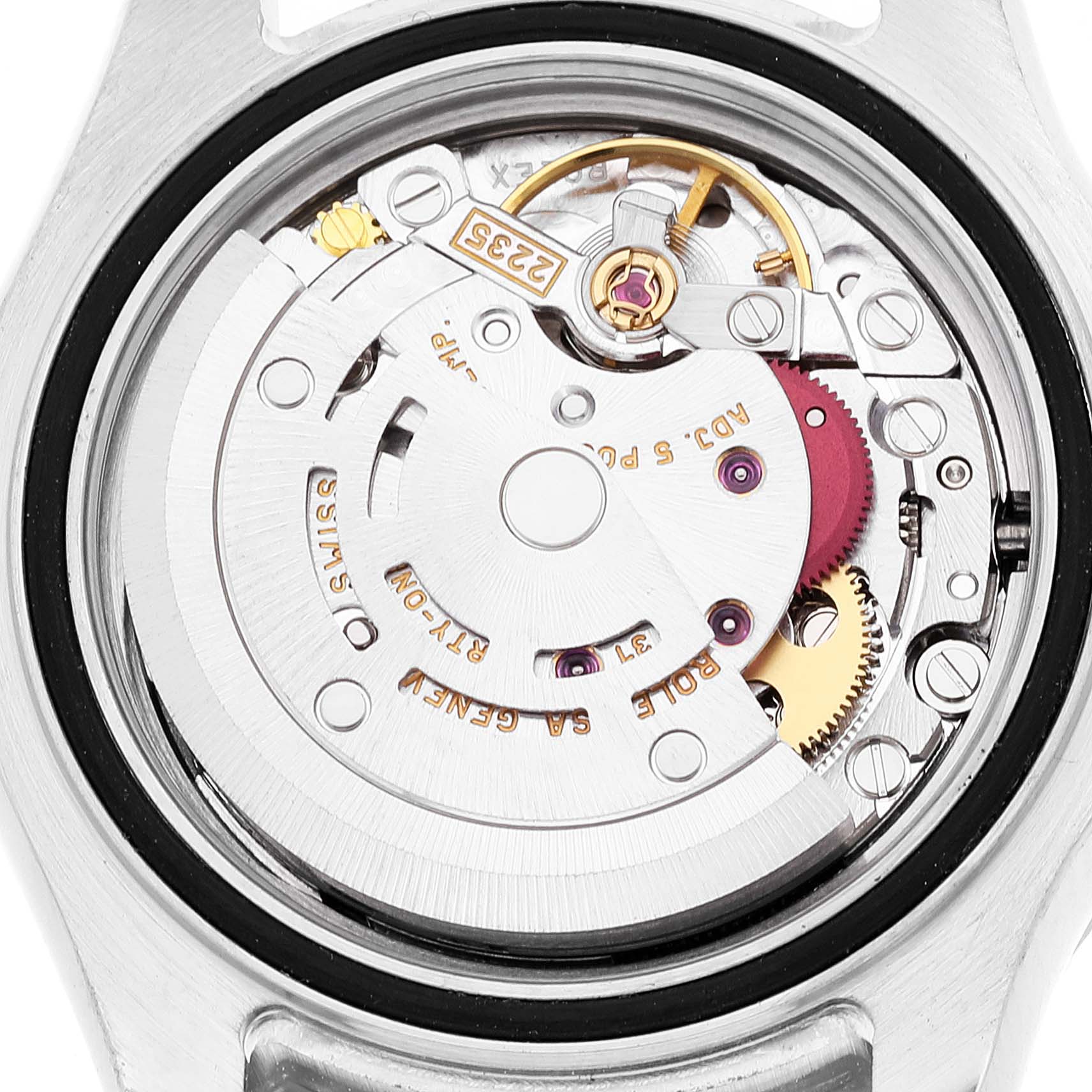 This image shows the back internals of a Rolex Yacht-Master 169622 Women's Stainless Steel Silver Dial 169622 Women's Stainless Steel Silver Dial watch, highlighting its intricate mechanical movement.