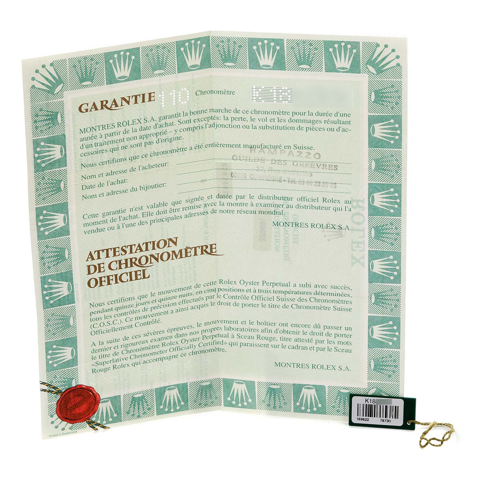 The image shows the warranty and certification papers for a Rolex Yacht-Master 169622 Women's Stainless Steel Silver Dial 169622 Women's Stainless Steel Silver Dial.