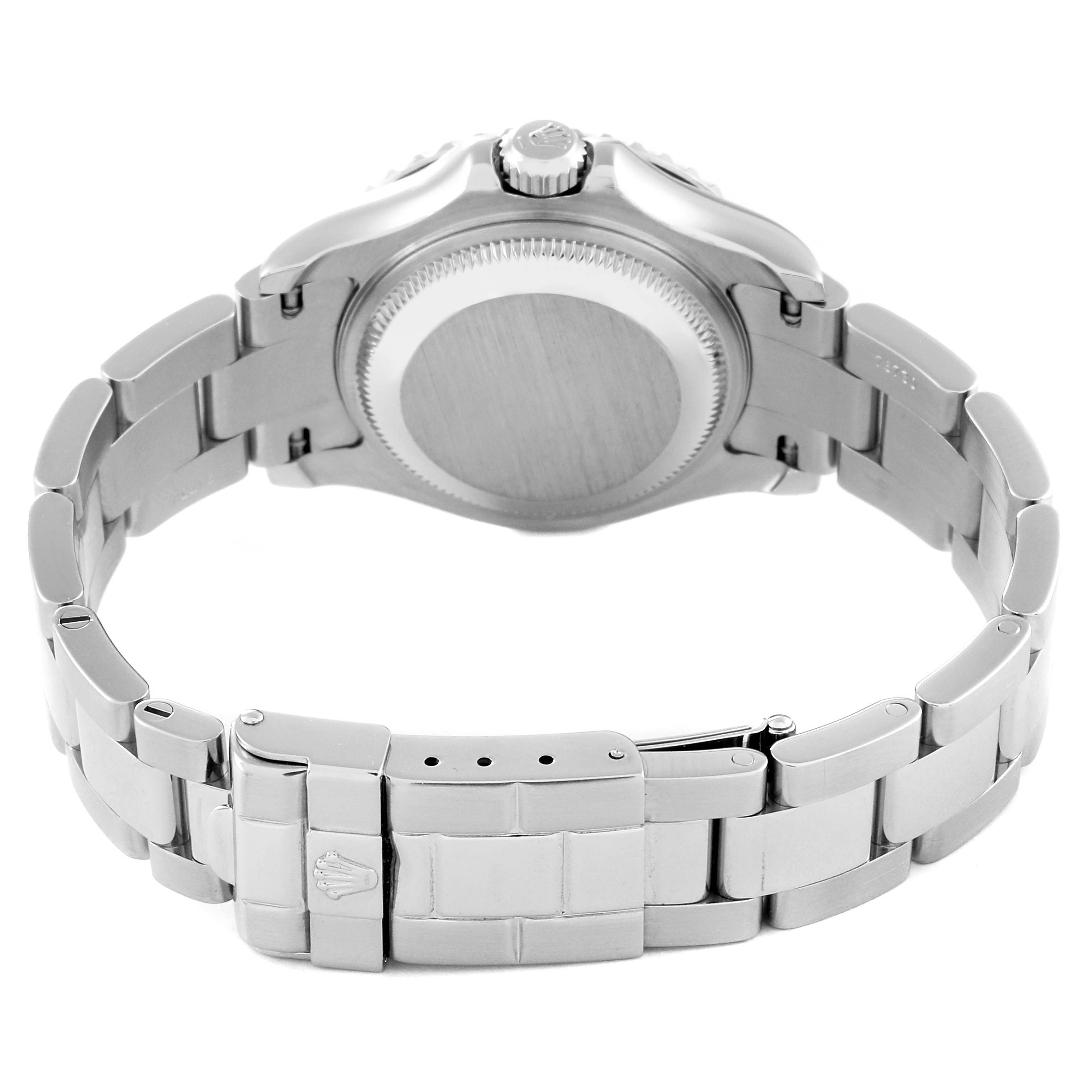 The image shows the back case, crown, and bracelet of a Rolex Yacht-Master 169622 Women's Stainless Steel Silver Dial 169622 Women's Stainless Steel Silver Dial watch.