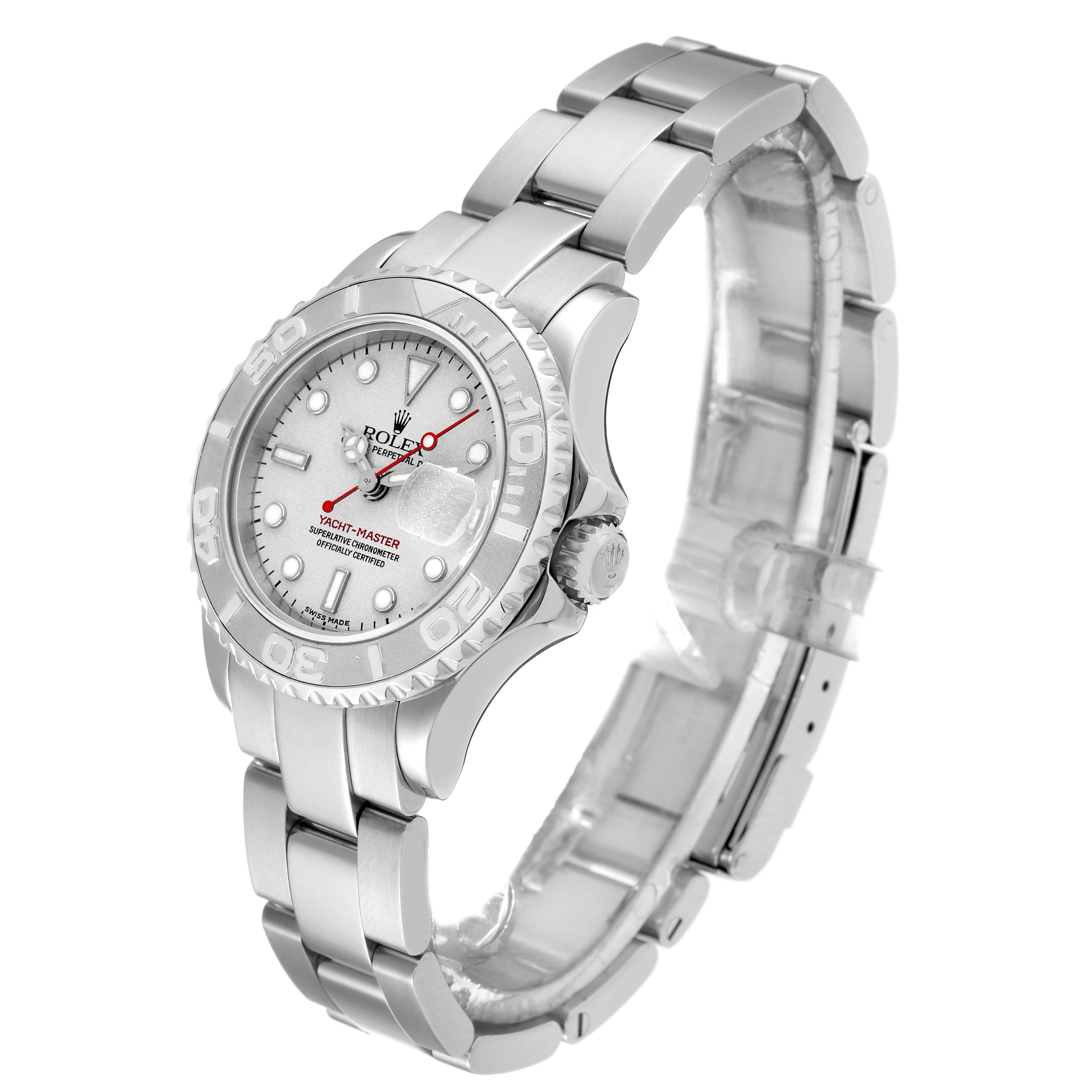 The Rolex Yacht-Master 169622 Women's Stainless Steel Silver Dial 169622 Women's Stainless Steel Silver Dial watch is shown at a tilted angle, highlighting the face, bezel, and stainless steel bracelet.