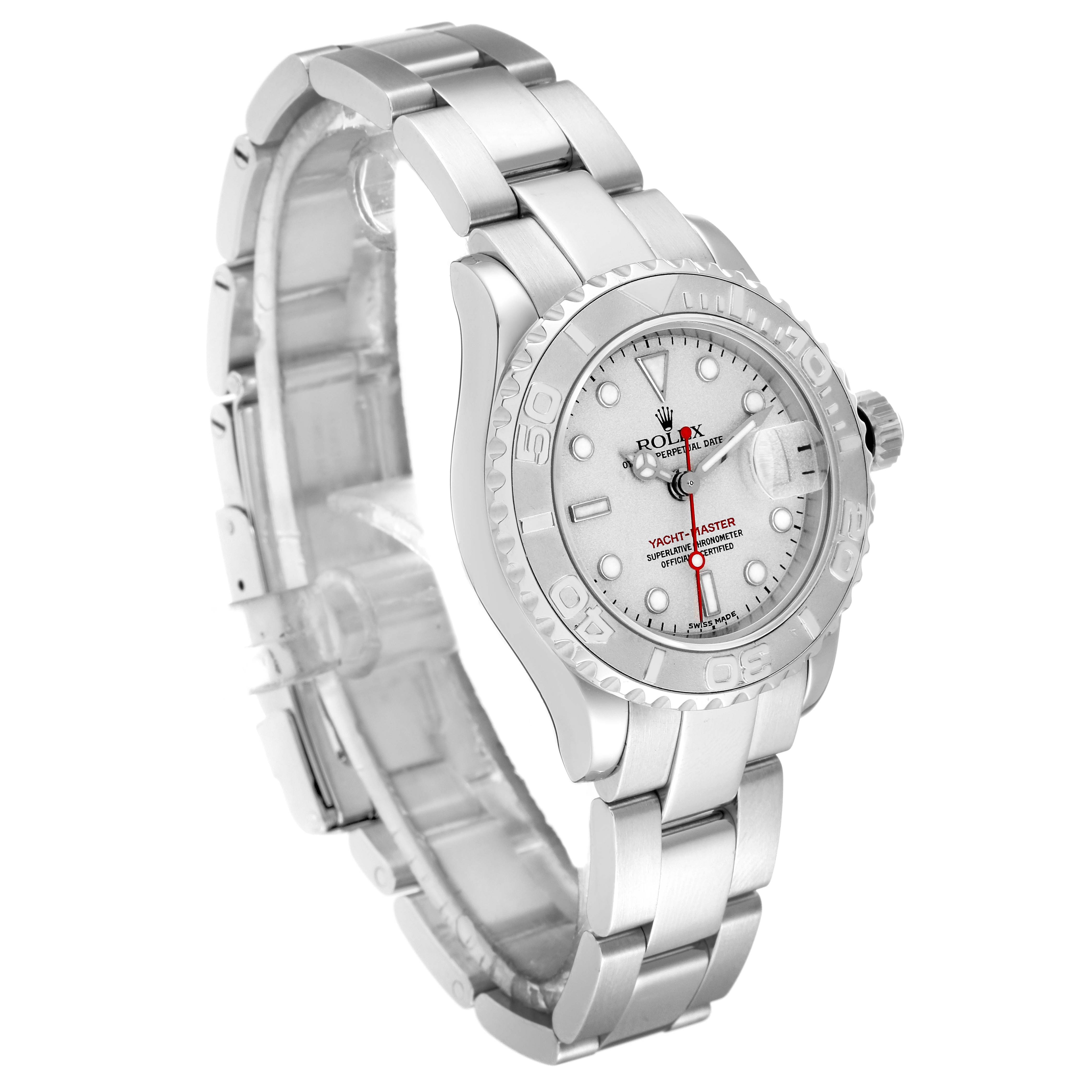 The image shows a Rolex Yacht-Master 169622 Women's Stainless Steel Silver Dial 169622 Women's Stainless Steel Silver Dial model watch at a three-quarter angle, displaying the dial, bracelet, bezel, and crown.