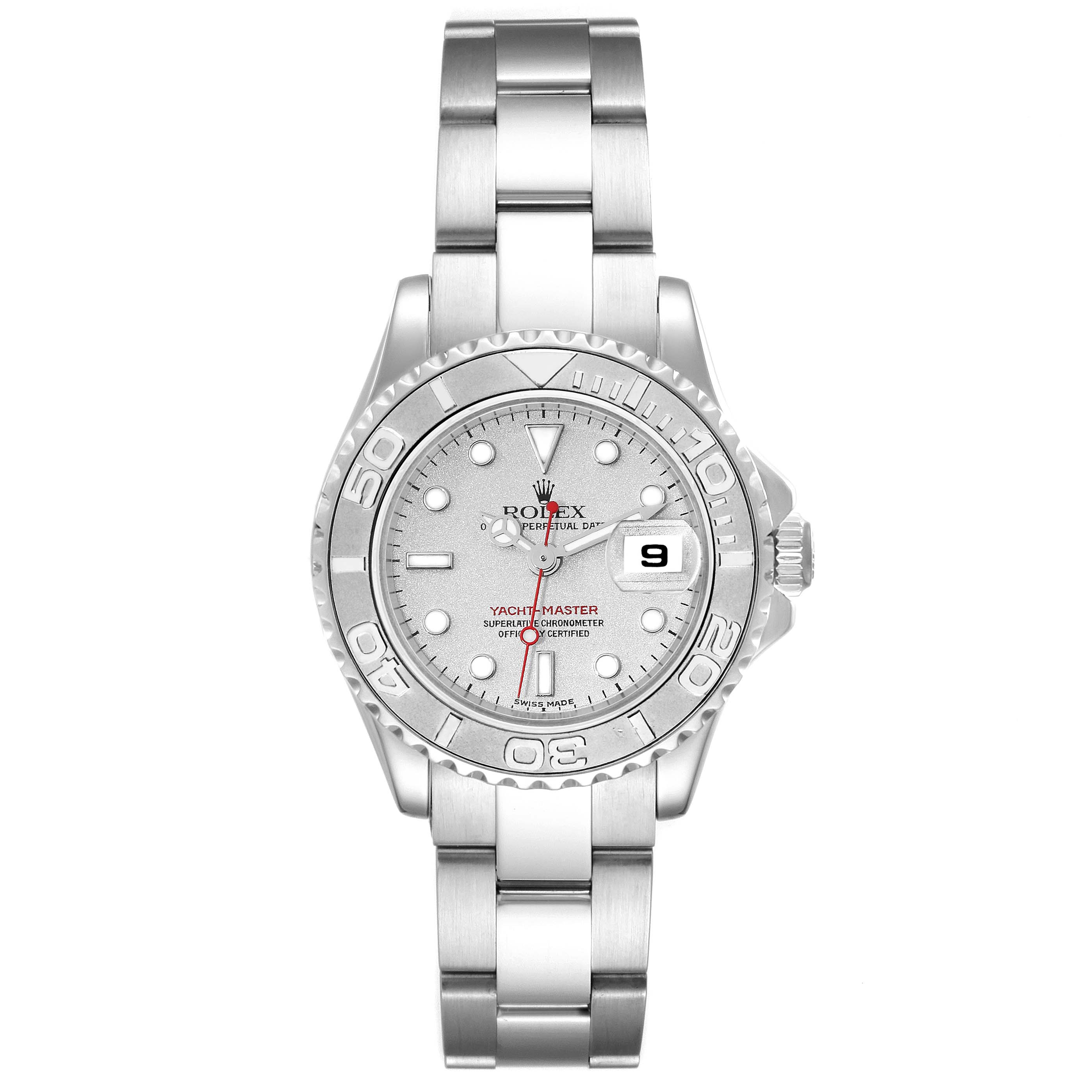 This image shows a frontal view of the Rolex Yacht-Master 169622 Women's Stainless Steel Silver Dial 169622 Women's Stainless Steel Silver Dial watch, highlighting the dial, bezel, bracelet, and date display.