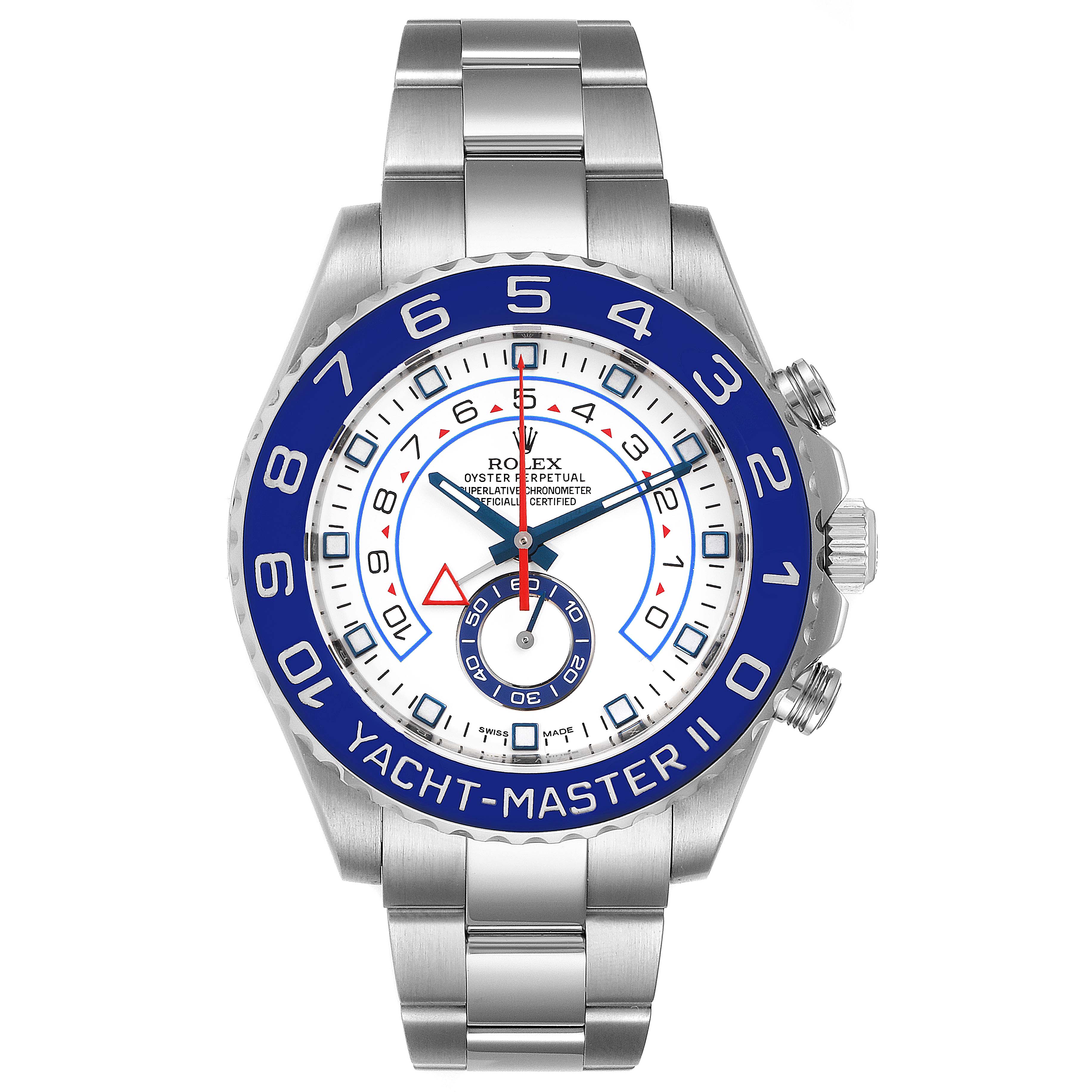 The image shows a front view of the Rolex Yacht-Master 116680 Men
s Stainless Steel White Dial 116680 Men
s Stainless Steel White Dial watch featuring its bezel, dial, and bracelet.