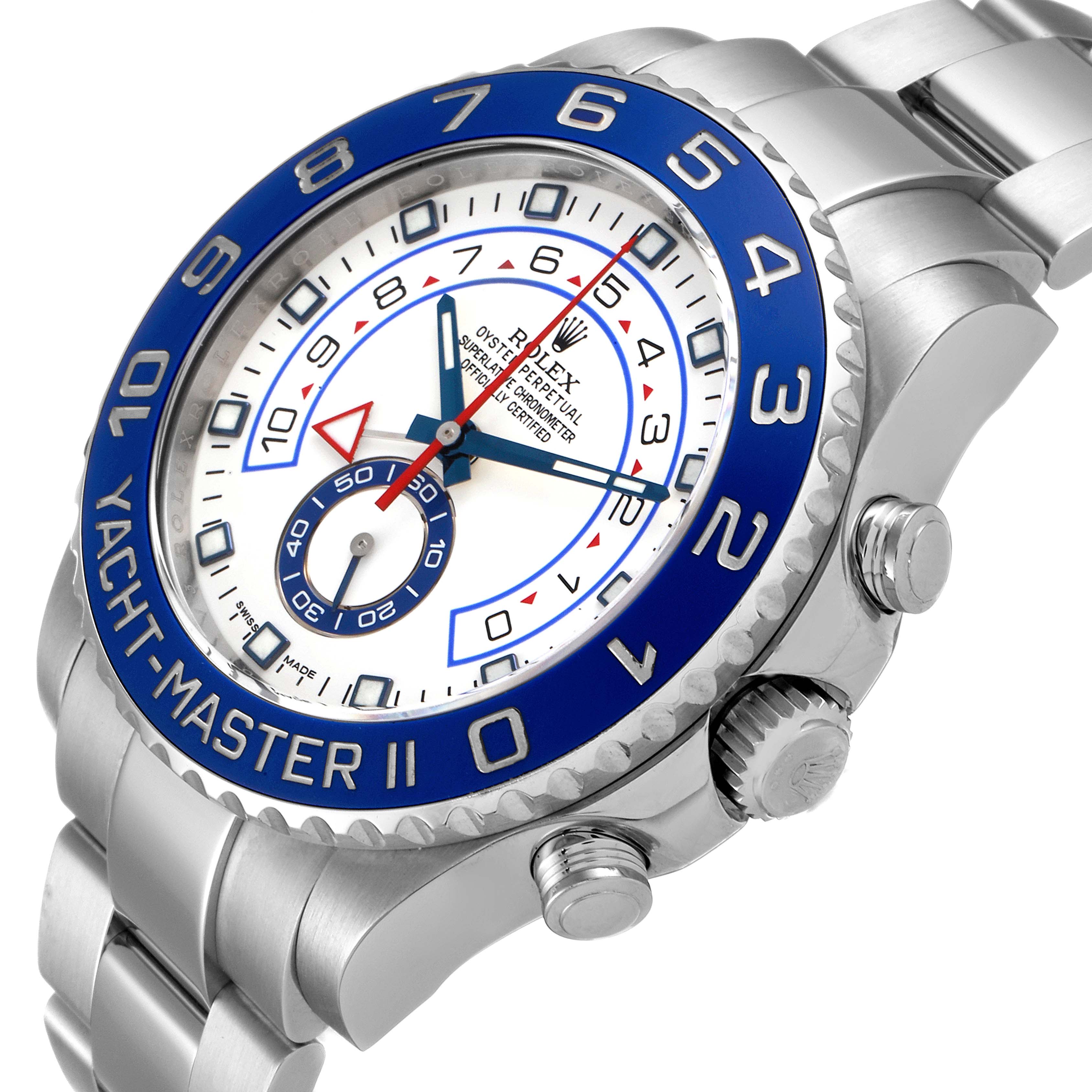 The image shows a close-up angled view of the Rolex Yacht-Master 116680 Men
s Stainless Steel White Dial 116680 Men
s Stainless Steel White Dial II, highlighting the bezel, dial, and crown.