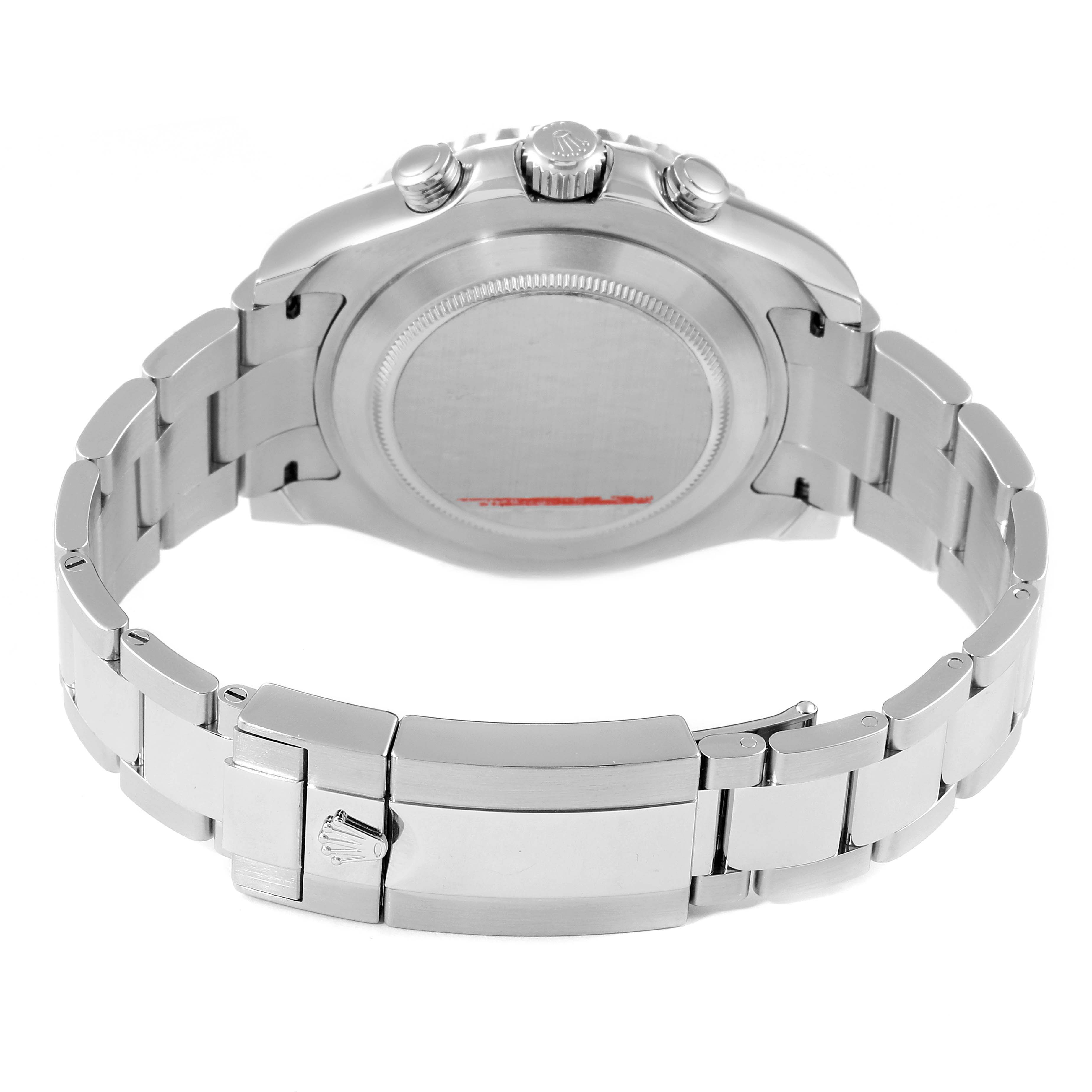 The image shows the back view of the Rolex Yacht-Master 116680 Men
s Stainless Steel White Dial 116680 Men
s Stainless Steel White Dial watch, focusing on the case back and stainless steel bracelet clasp.