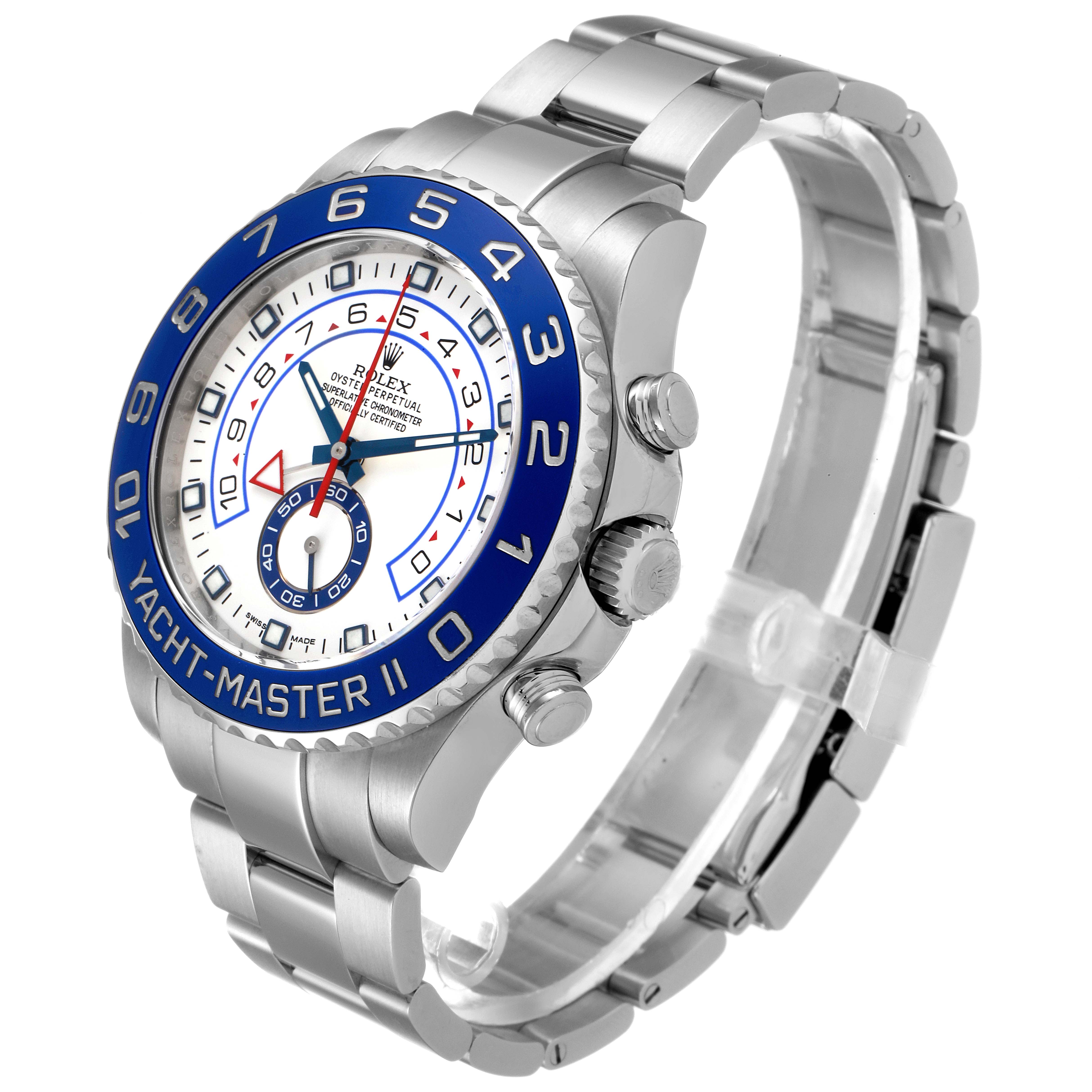 The Yacht-Master Rolex watch is shown at a three-quarter angle, highlighting the face, bracelet, and side buttons.