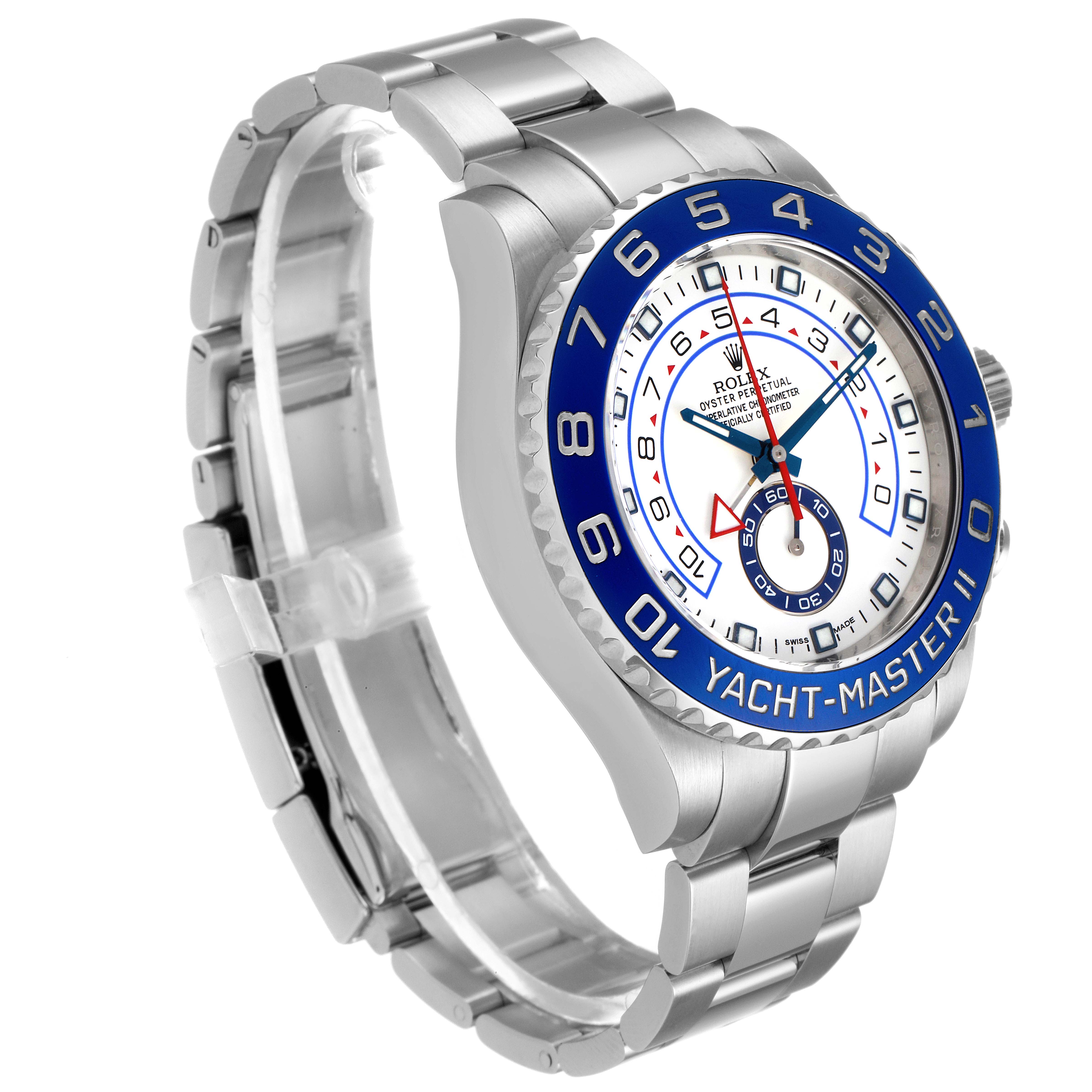 The image shows a Rolex Yacht-Master 116680 Men
s Stainless Steel White Dial 116680 Men
s Stainless Steel White Dial watch at a slight angle, displaying its face, bezel, and part of the bracelet.