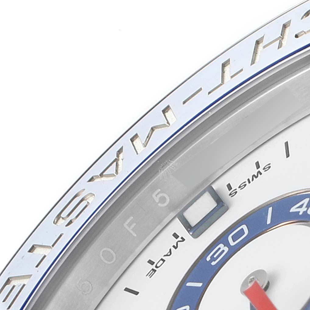 This close-up image shows the bezel and part of the dial of a Rolex Yacht-Master 116680 Men
s Stainless Steel White Dial 116680 Men
s Stainless Steel White Dial watch.