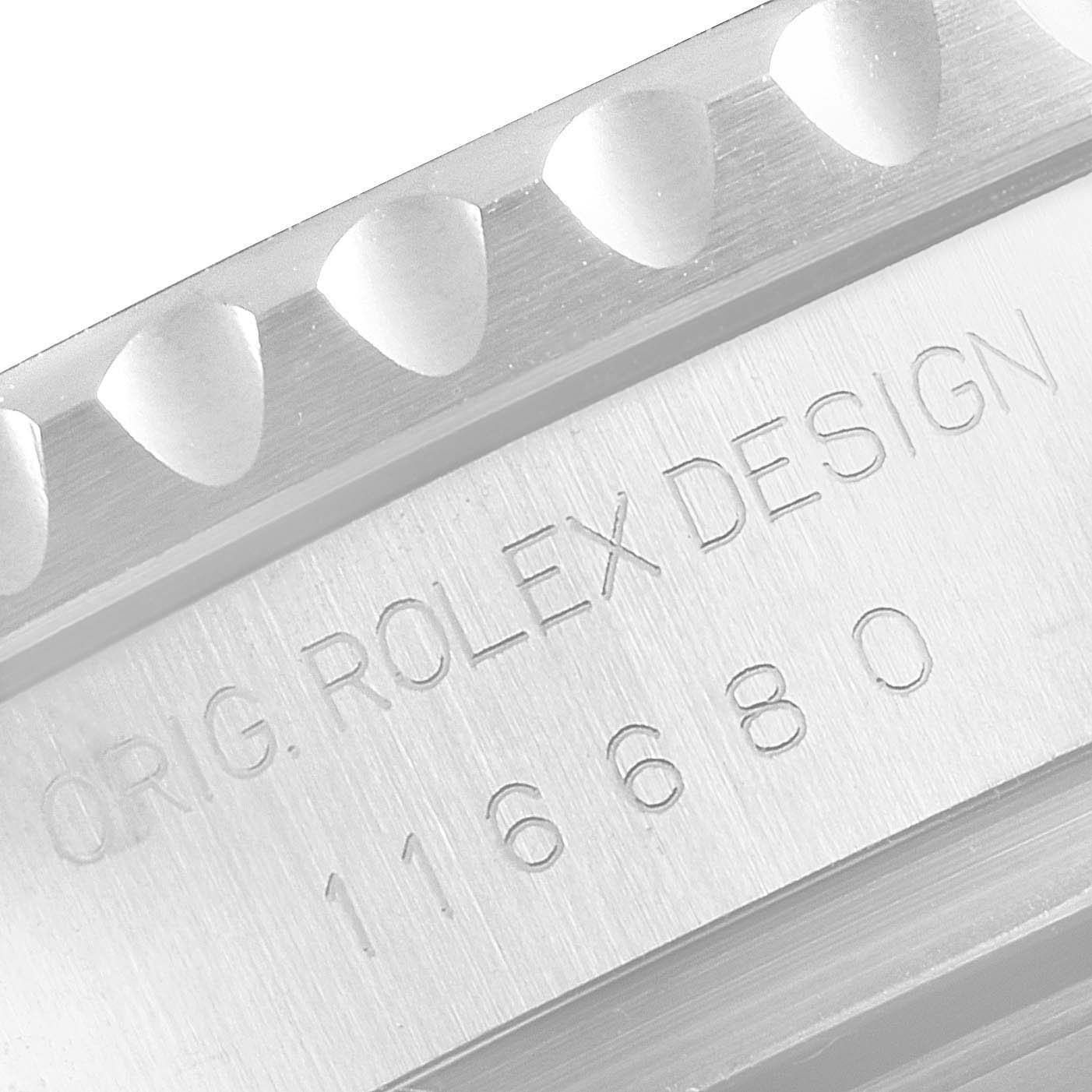 The image shows an angled close-up of the case side of a Rolex Yacht-Master 116680 Men
s Stainless Steel White Dial 116680 Men
s Stainless Steel White Dial, engraved with the model number 116680.