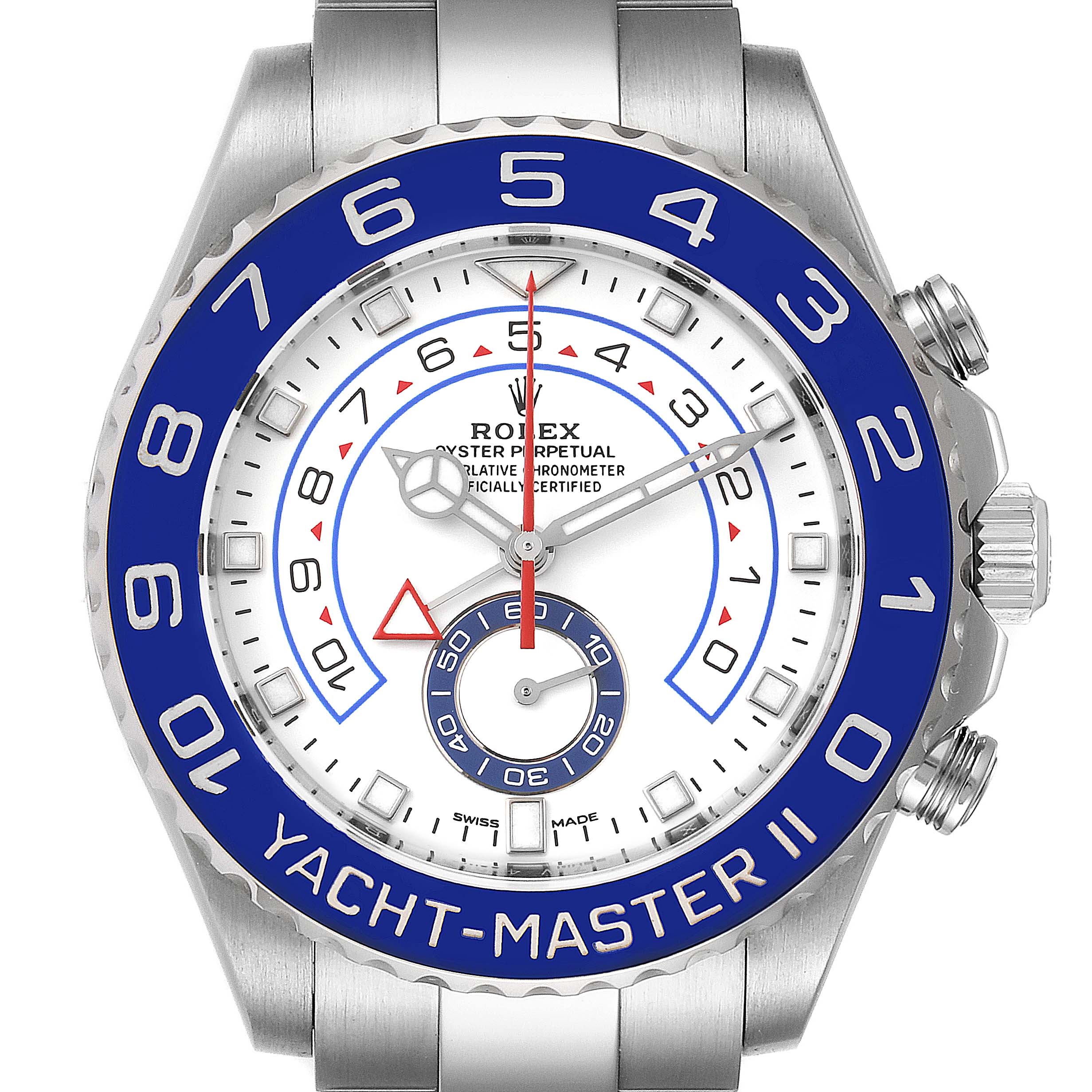 The image shows a front view of the Rolex Yacht-Master 116680 Men
s Stainless Steel White Dial 116680 Men
s Stainless Steel White Dial II watch, highlighting its blue bezel, white dial, and various hands.