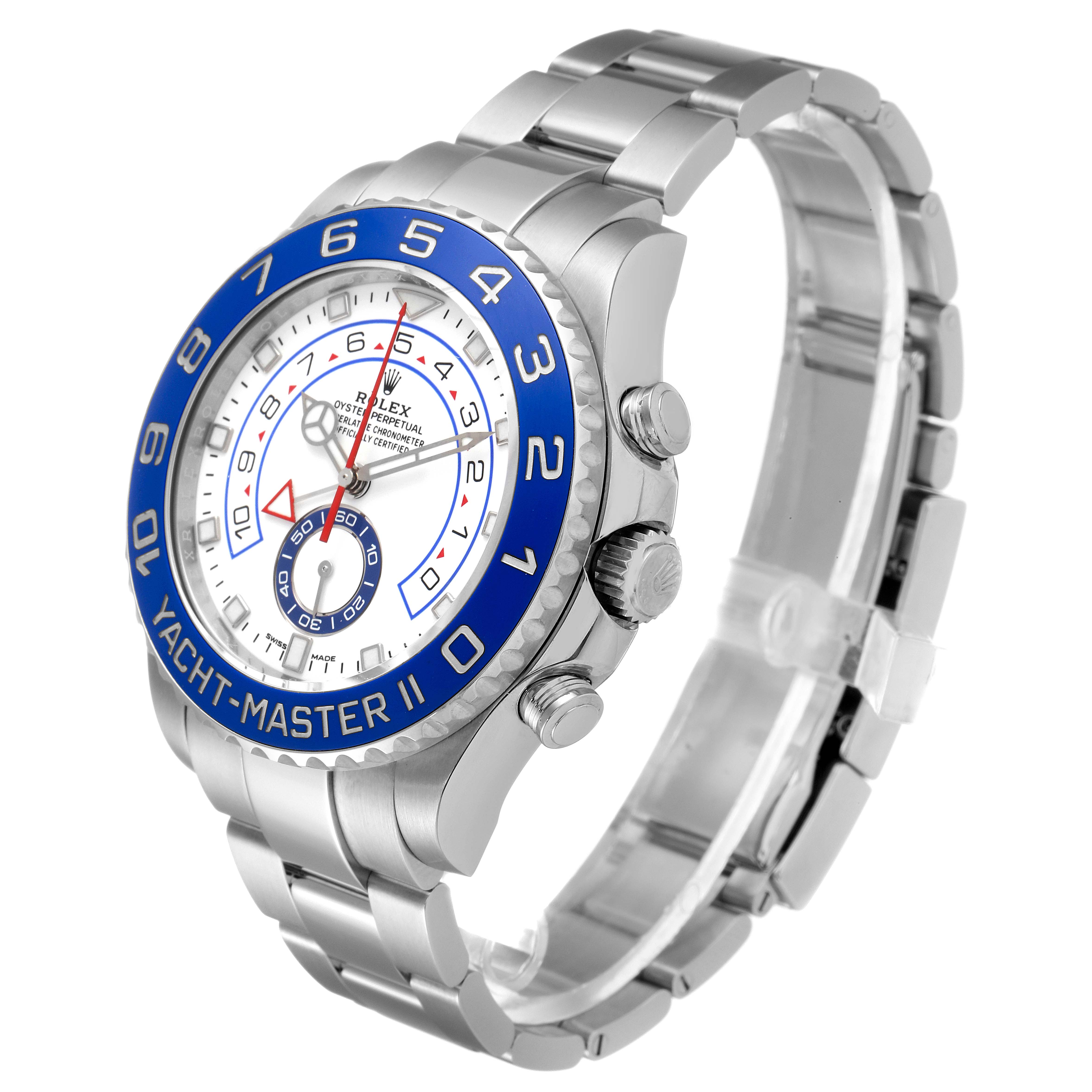 The Rolex Yacht-Master 116680 Men
s Stainless Steel White Dial 116680 Men
s Stainless Steel White Dial II watch is shown at a three-quarter angle, displaying its dial, bezel, crown, and bracelet clearly.