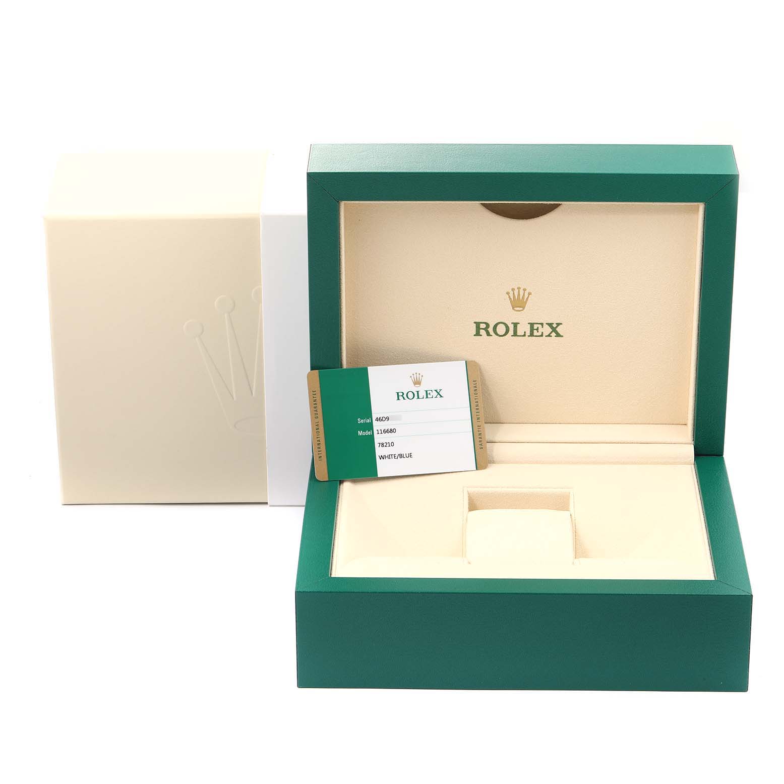 The image shows the open box of a Rolex Yacht-Master 116680 Men
s Stainless Steel White Dial 116680 Men
s Stainless Steel White Dial watch, with a warranty card placed inside.