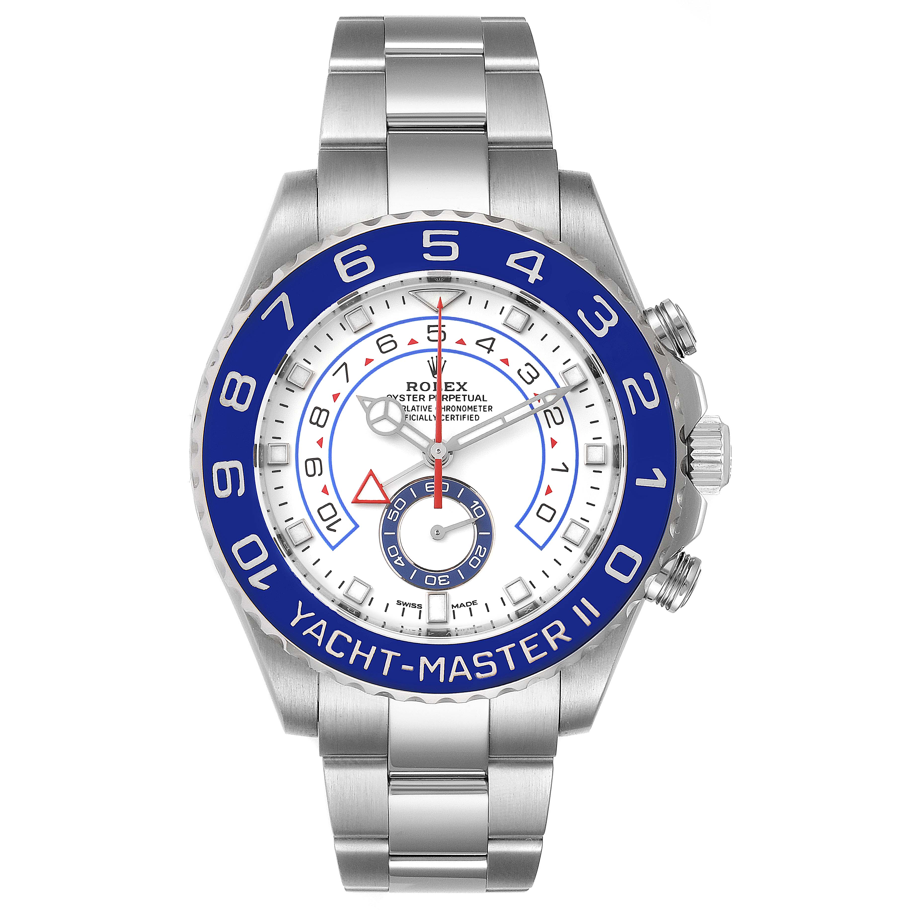 The Rolex Yacht-Master 116680 Men
s Stainless Steel White Dial 116680 Men
s Stainless Steel White Dial watch is shown from a front angle, displaying its blue bezel, white dial, and stainless steel bracelet.