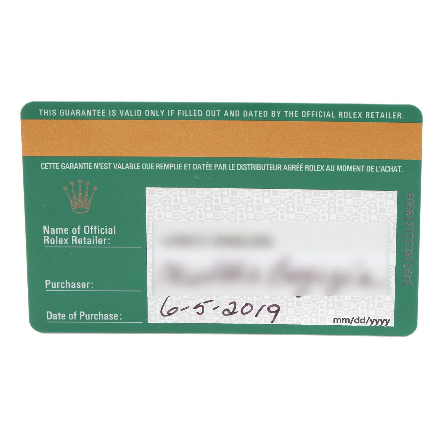 This is a filled-out guarantee card for a Rolex Yacht-Master 116680 Men
s Stainless Steel White Dial 116680 Men
s Stainless Steel White Dial model, showing the purchase details.