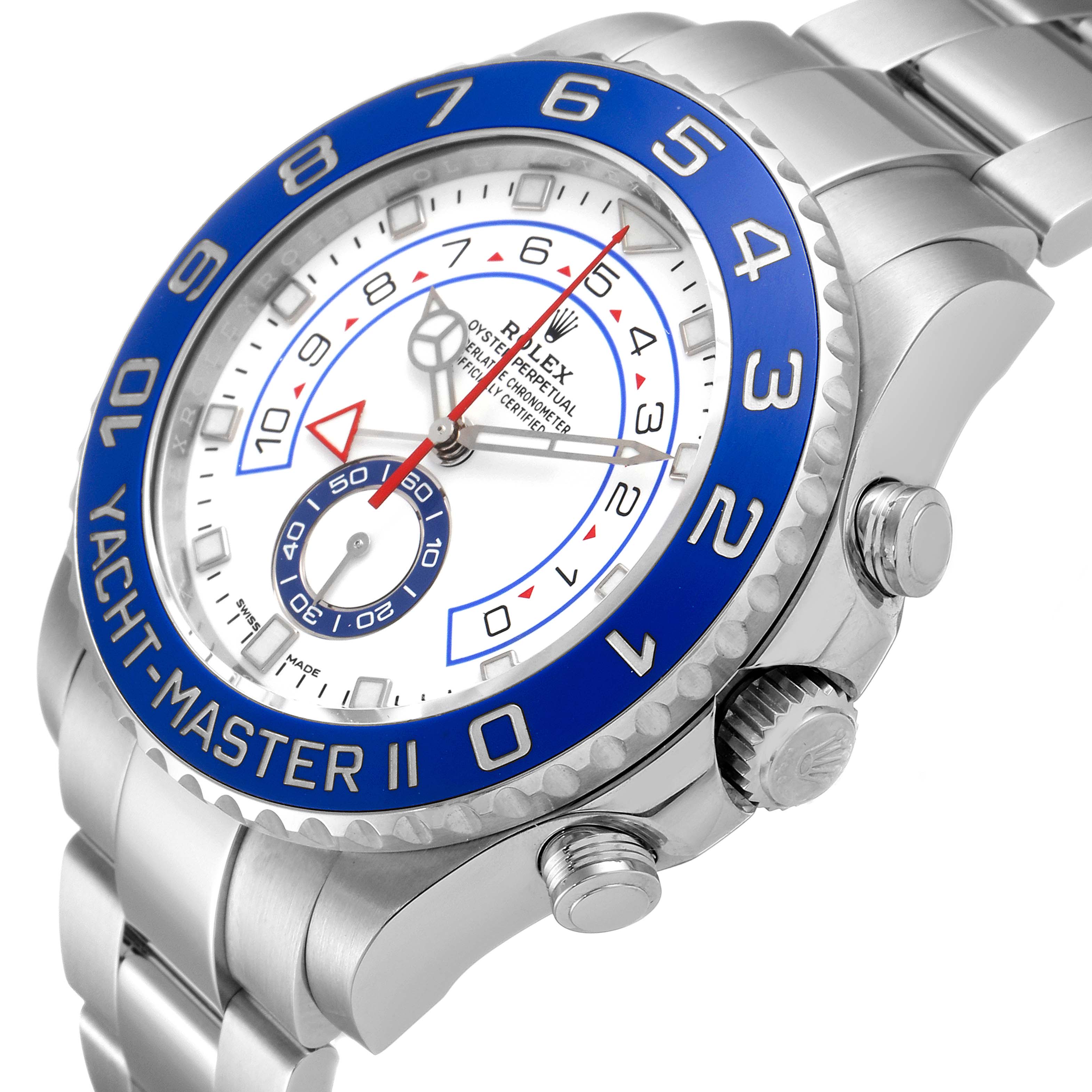 The image shows a close-up of the face and right side view of a Rolex Yacht-Master 116680 Men
s Stainless Steel White Dial 116680 Men
s Stainless Steel White Dial II watch, showcasing its bezel, dial, and crown.