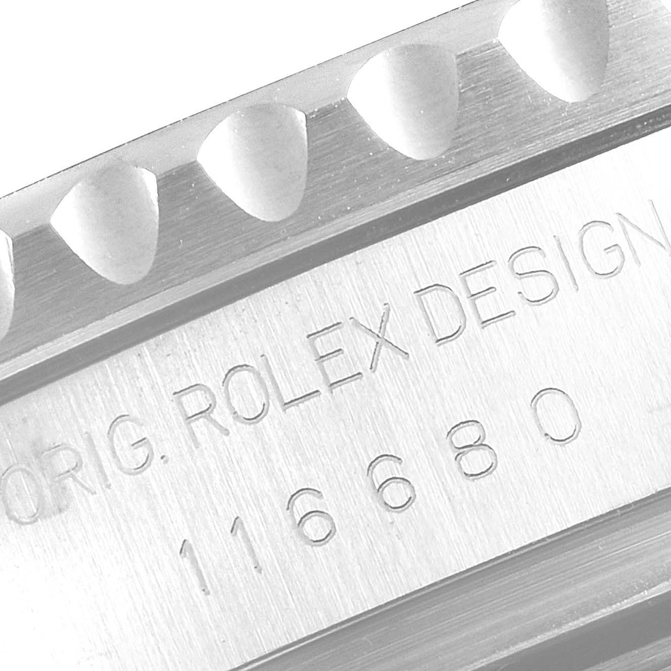 The image shows a close-up of the side engraving and bezel of a Rolex Yacht-Master 116680 Men
s Stainless Steel White Dial 116680 Men
s Stainless Steel White Dial model wristwatch.