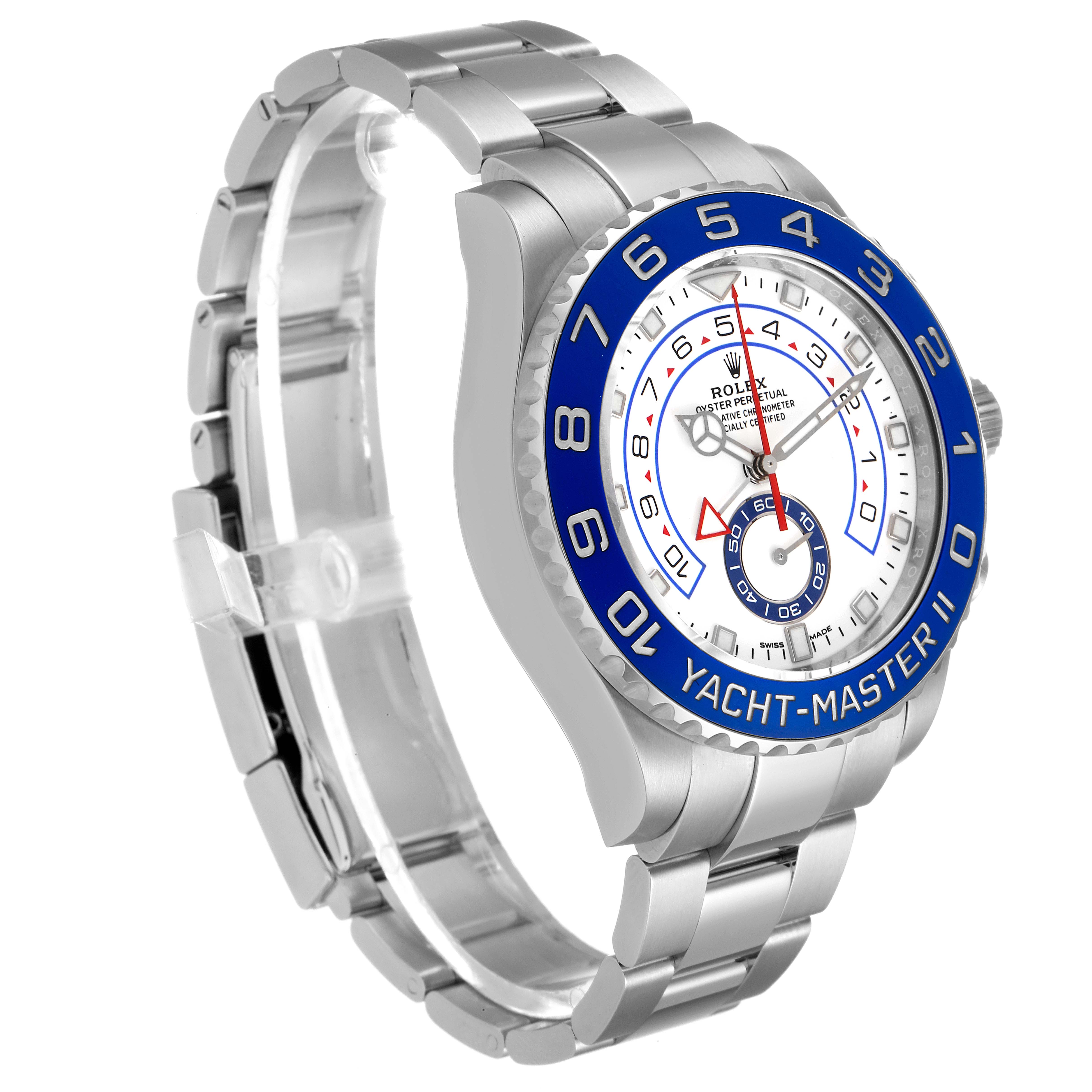 The image shows a Rolex Yacht-Master 116680 Men
s Stainless Steel White Dial 116680 Men
s Stainless Steel White Dial II watch at a three-quarter angle, highlighting its bezel, face, and bracelet.