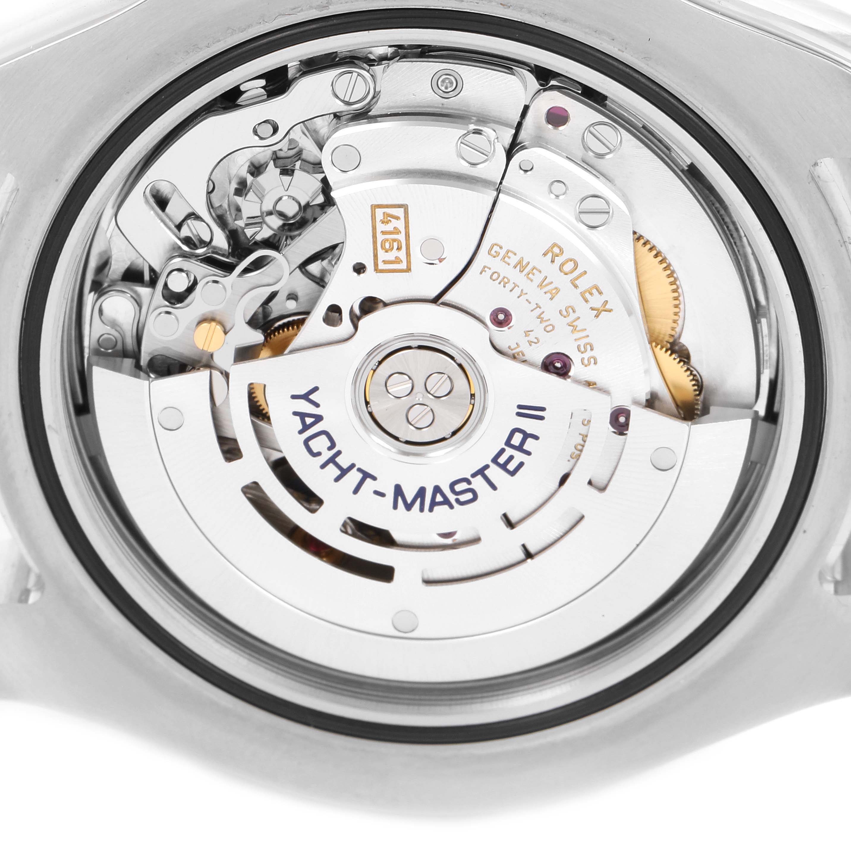 This image shows the intricate movement mechanism and rotor of the Rolex Yacht-Master 116680 Men
s Stainless Steel White Dial 116680 Men
s Stainless Steel White Dial II watch from a rear angle.