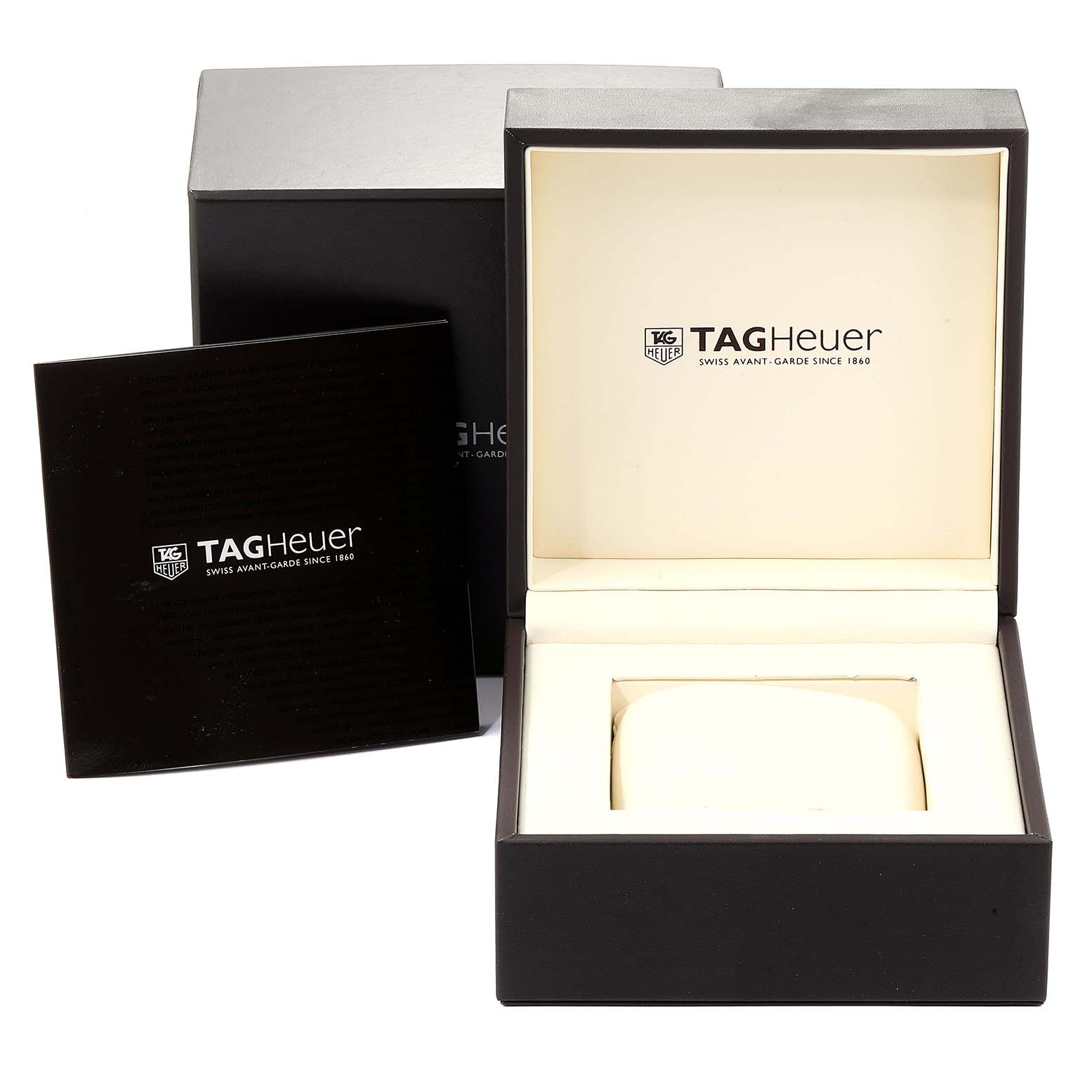 The image shows the packaging of a Tag Heuer Aquaracer WAF141B.BA0824 Women's Stainless Steel Mother of Pearl Dial WAF141B.BA0824 Women's Stainless Steel Mother of Pearl Dial, including the watch box and manual from a front angle.