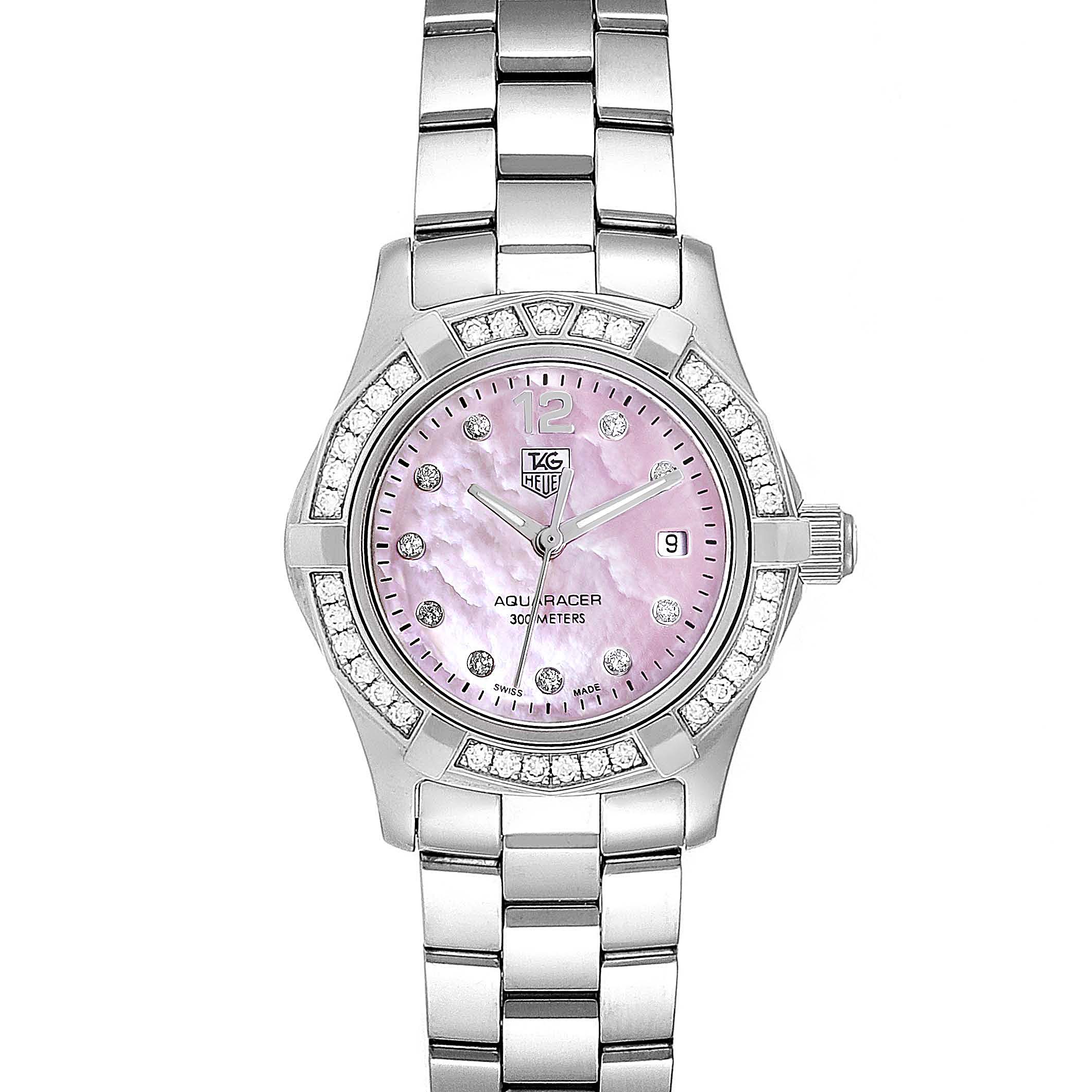 The image shows a front view of a Tag Heuer Aquaracer WAF141B.BA0824 Women's Stainless Steel Mother of Pearl Dial WAF141B.BA0824 Women's Stainless Steel Mother of Pearl Dial watch featuring a pink dial and a silver metal bracelet.