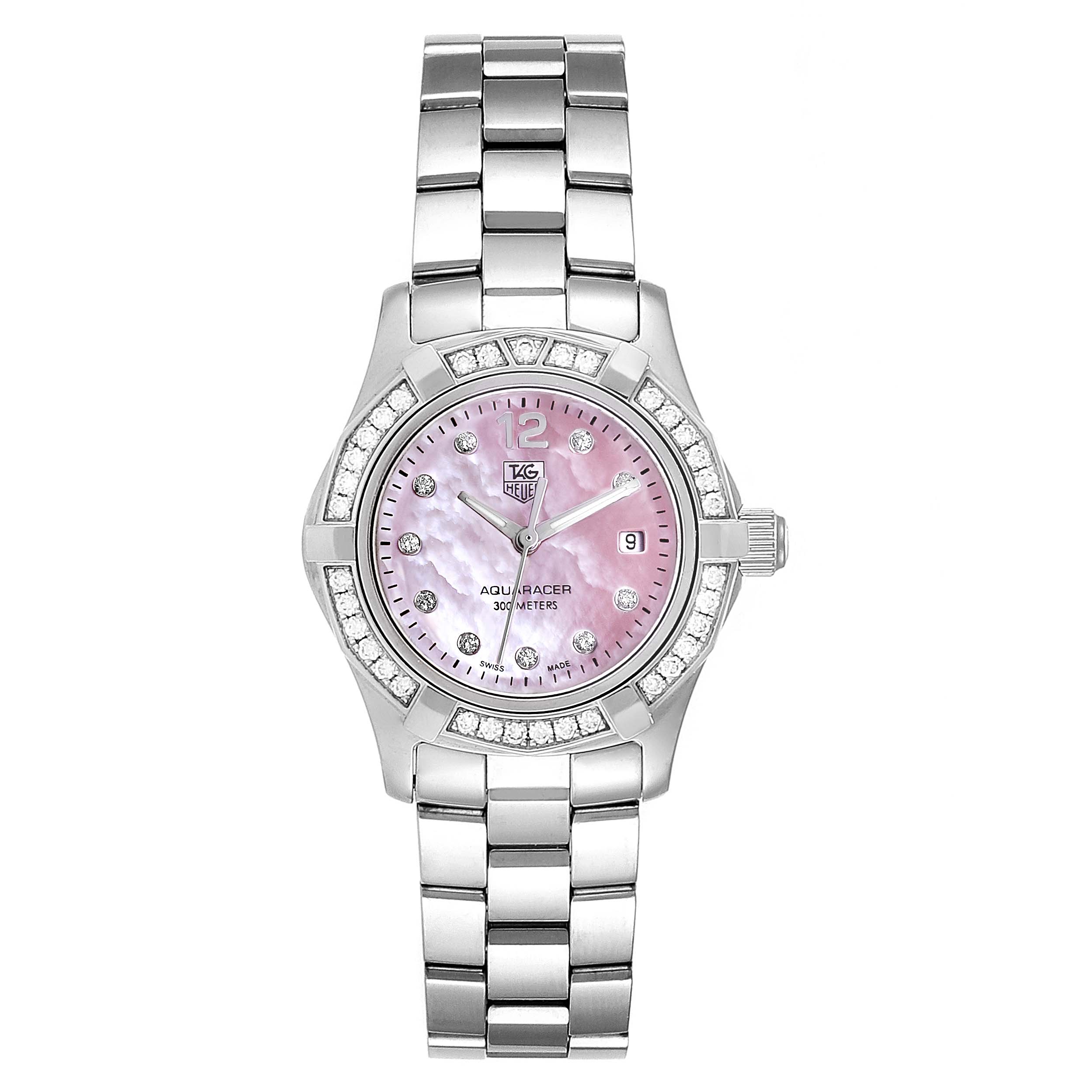 The Tag Heuer Aquaracer WAF141B.BA0824 Women's Stainless Steel Mother of Pearl Dial WAF141B.BA0824 Women's Stainless Steel Mother of Pearl Dial watch is shown from a top-down angle, highlighting its pink face, date window, and metal bracelet.
