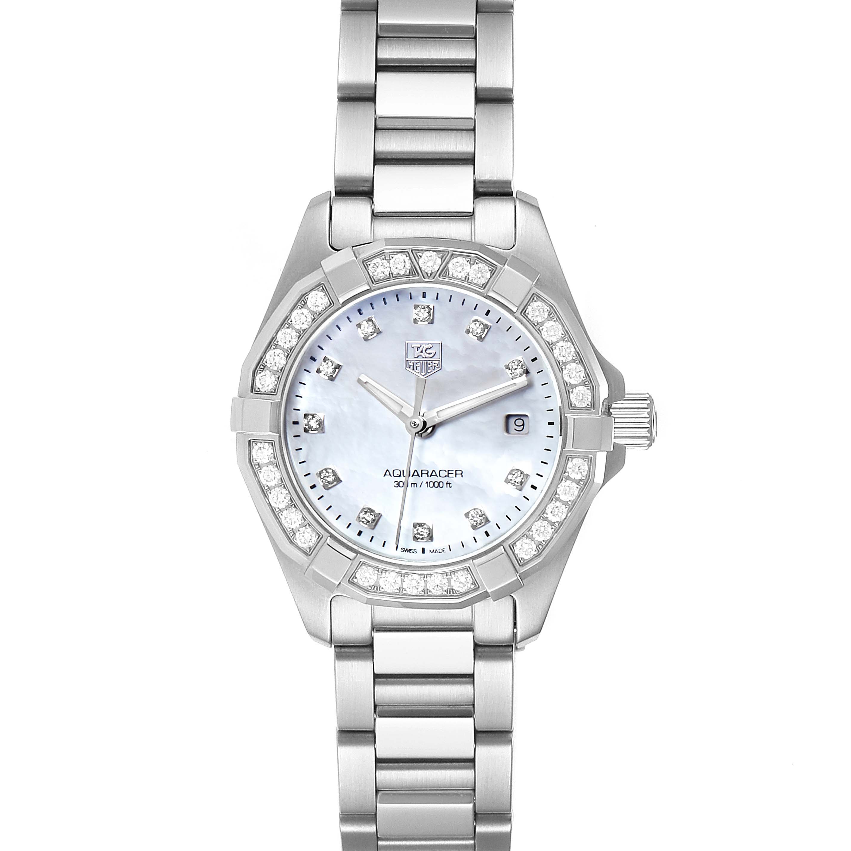 This image shows a frontal view of the Tag Heuer Aquaracer WAY1414.BA0920 Women's Stainless Steel Mother of Pearl Dial WAY1414.BA0920 Women's Stainless Steel Mother of Pearl Dial watch, highlighting its face, bezel, and metal bracelet strap.