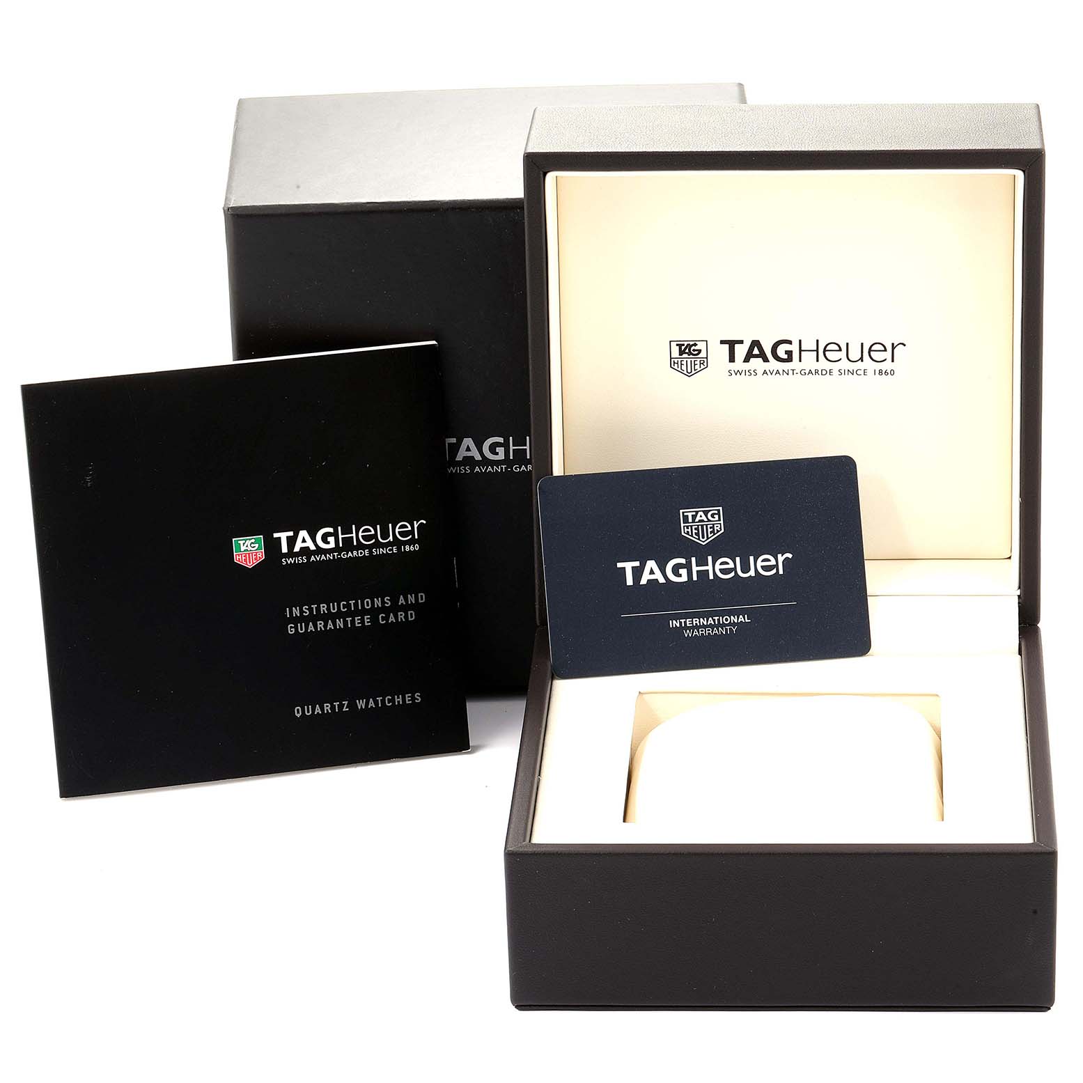 The image shows the Tag Heuer Aquaracer WAY1414.BA0920 Women's Stainless Steel Mother of Pearl Dial WAY1414.BA0920 Women's Stainless Steel Mother of Pearl Dial watch box, instruction manual, and international warranty card.