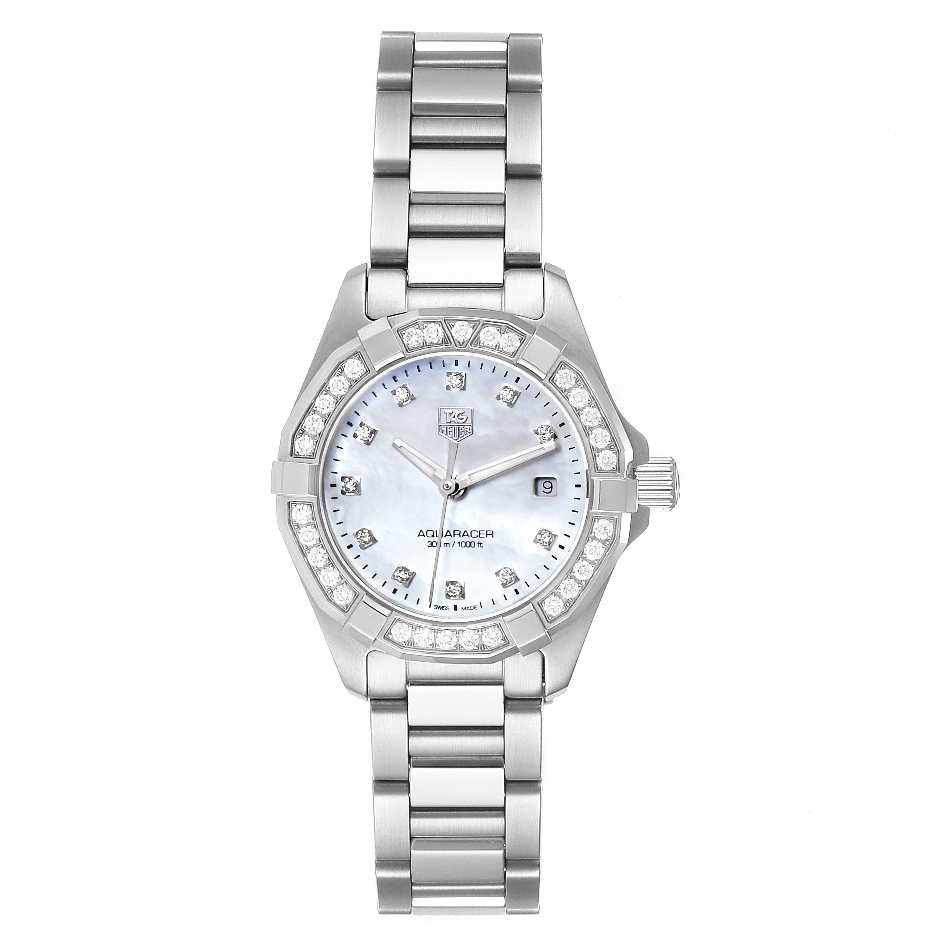 The image shows a front view of a Tag Heuer Aquaracer WAY1414.BA0920 Women's Stainless Steel Mother of Pearl Dial WAY1414.BA0920 Women's Stainless Steel Mother of Pearl Dial watch, displaying its face, bezel, and bracelet.