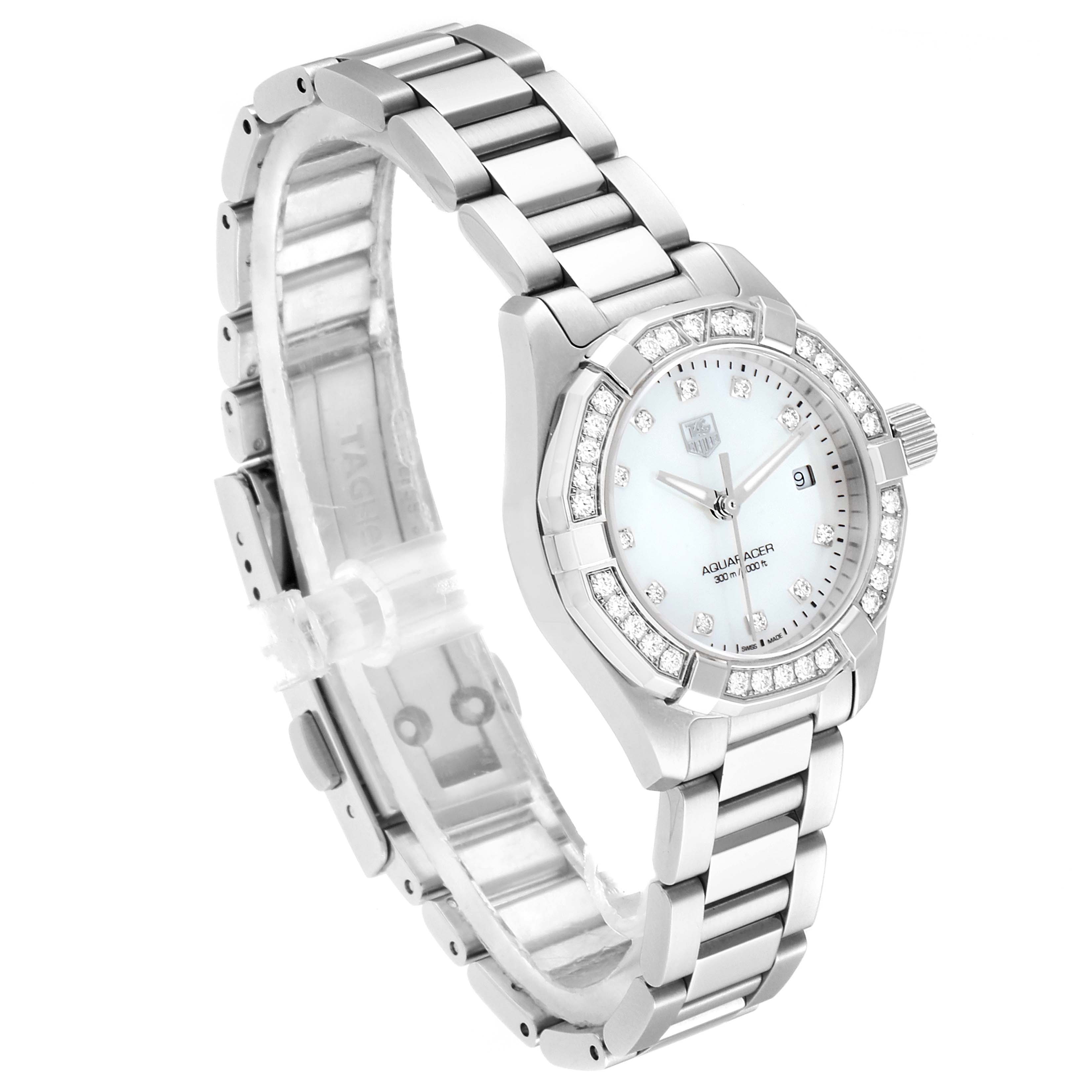 This image shows the Tag Heuer Aquaracer WAY1414.BA0920 Women's Stainless Steel Mother of Pearl Dial WAY1414.BA0920 Women's Stainless Steel Mother of Pearl Dial watch at a three-quarter angle, highlighting its bracelet, bezel, and face.