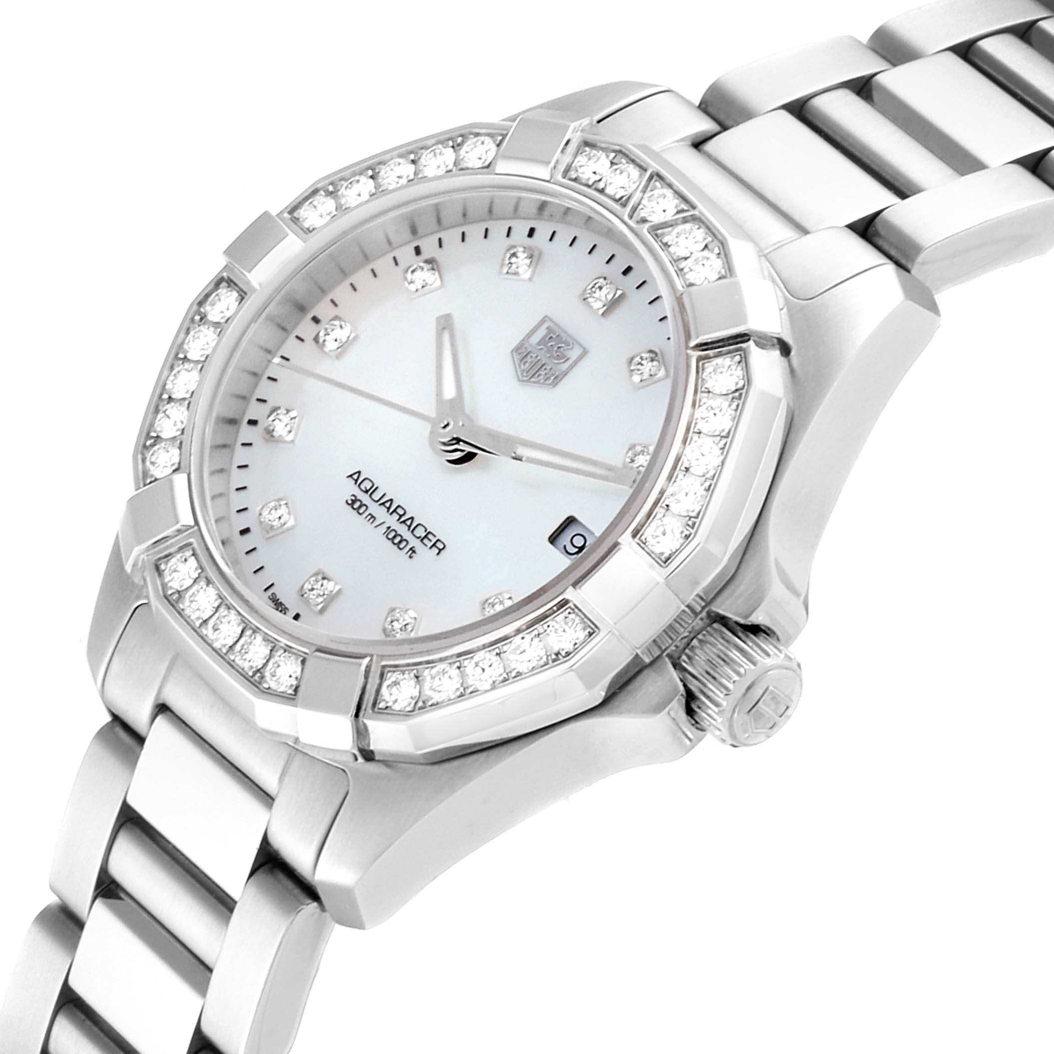 The image shows a close-up, angled view of the Tag Heuer Aquaracer WAY1414.BA0920 Women's Stainless Steel Mother of Pearl Dial WAY1414.BA0920 Women's Stainless Steel Mother of Pearl Dial watch face, bezel, and part of the bracelet.