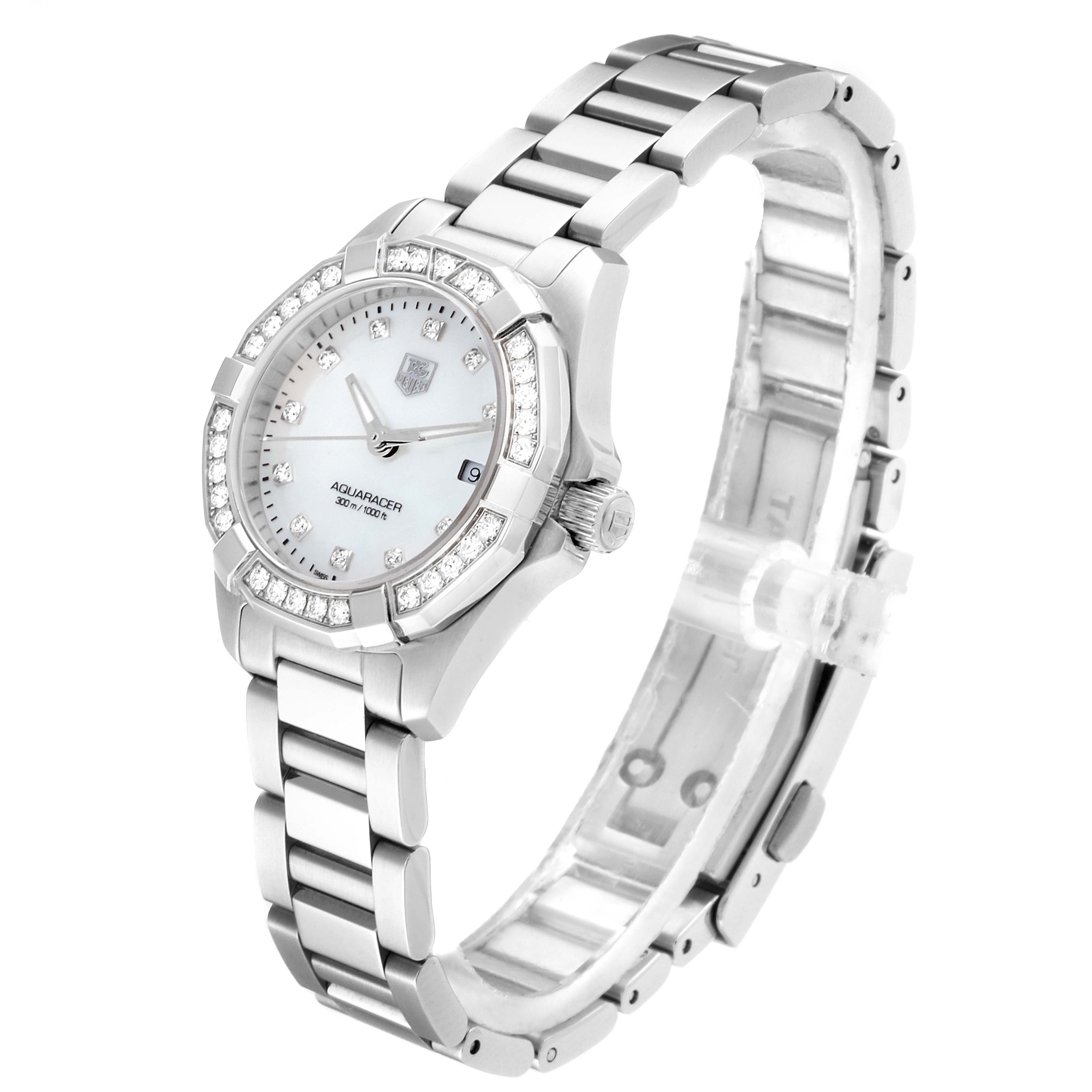 The image shows a side and front view of the Tag Heuer Aquaracer WAY1414.BA0920 Women's Stainless Steel Mother of Pearl Dial WAY1414.BA0920 Women's Stainless Steel Mother of Pearl Dial watch, highlighting its bezel, dial, bracelet, and crown.