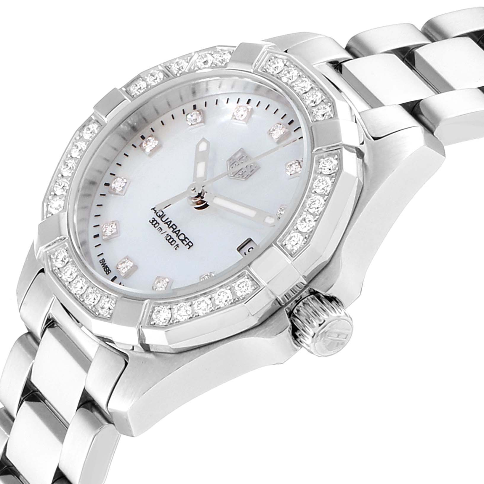 The image shows a close-up angle of the Tag Heuer Aquaracer WBD1415.BA0741 Women's Stainless Steel Mother of Pearl Dial WBD1415.BA0741 Women's Stainless Steel Mother of Pearl Dial watch, highlighting the bezel, dial, crown, and part of the bracelet.