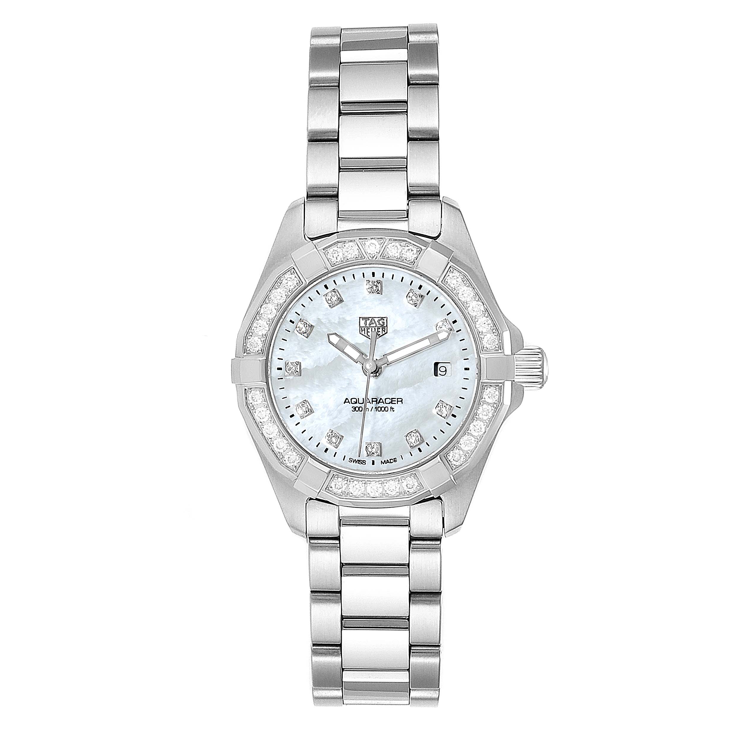 The image shows a front view of a Tag Heuer Aquaracer WBD1415.BA0741 Women's Stainless Steel Mother of Pearl Dial WBD1415.BA0741 Women's Stainless Steel Mother of Pearl Dial watch, featuring the dial, bezel, and bracelet.