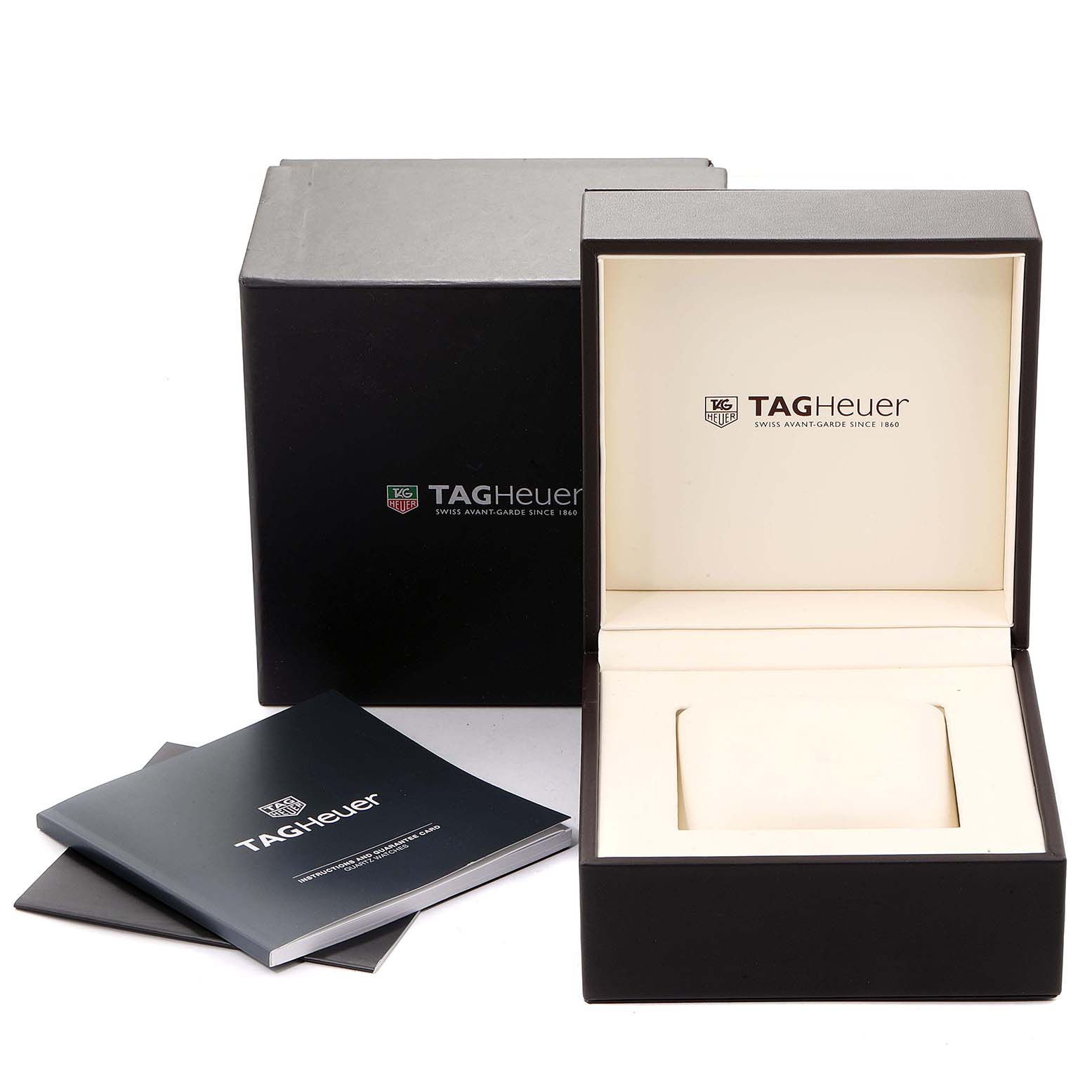 The image shows the packaging and manuals of a Tag Heuer Aquaracer WBD1415.BA0741 Women's Stainless Steel Mother of Pearl Dial WBD1415.BA0741 Women's Stainless Steel Mother of Pearl Dial watch from a front angle.