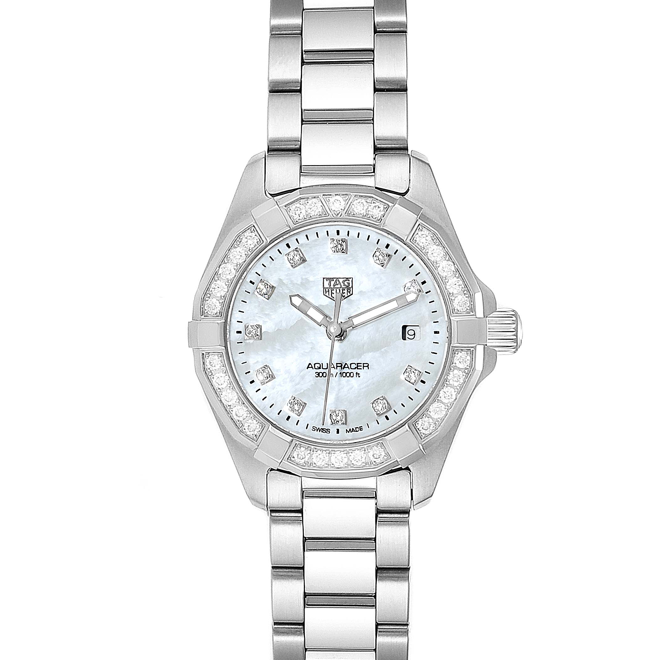 The image shows a front view of the Tag Heuer Aquaracer WBD1415.BA0741 Women's Stainless Steel Mother of Pearl Dial WBD1415.BA0741 Women's Stainless Steel Mother of Pearl Dial watch, highlighting its face, bezel, and band.