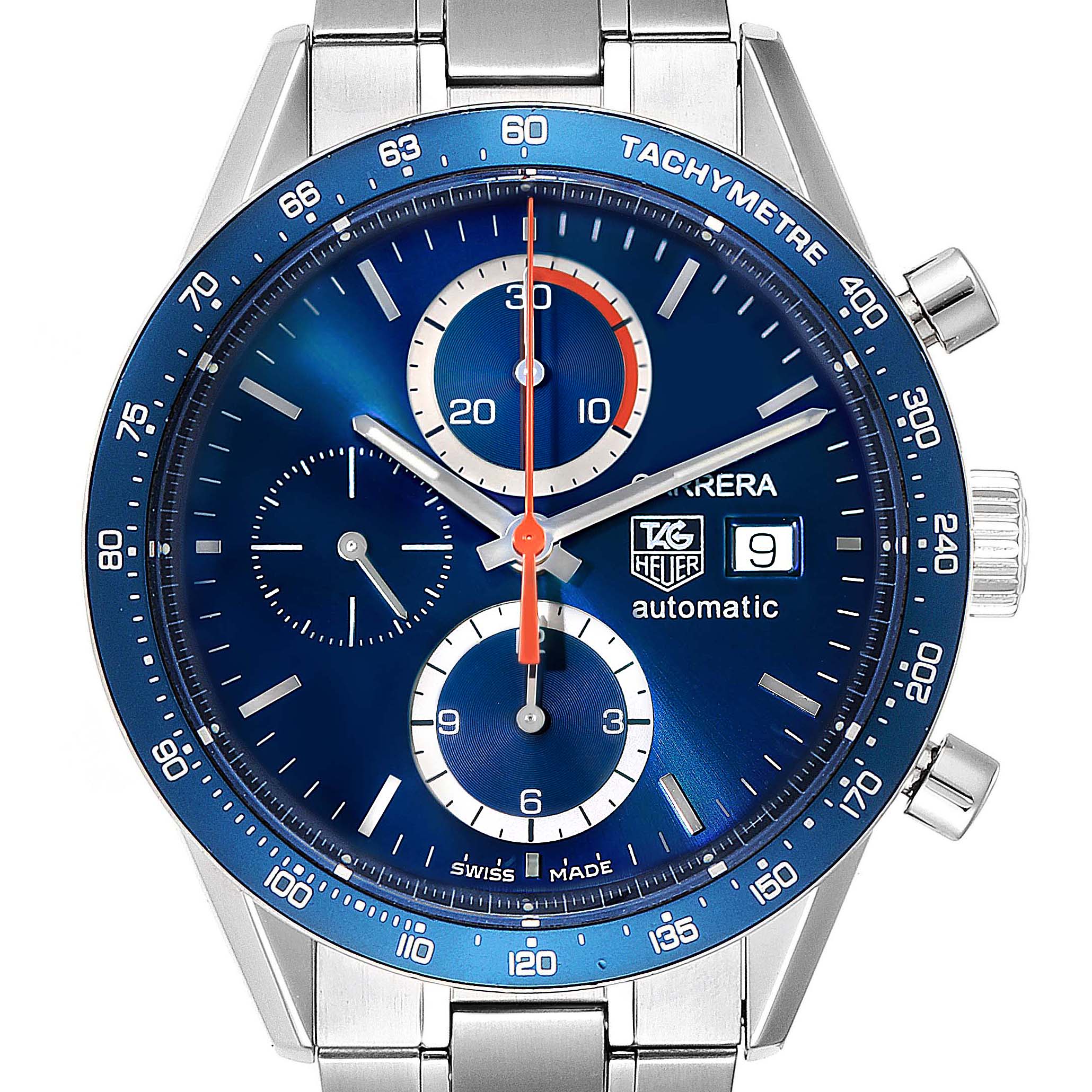 The image shows a front view of a Tag Heuer Carrera CV2A1V.BA0738 Men
s Stainless Steel Blue Dial CV2A1V.BA0738 Men
s Stainless Steel Blue Dial watch, highlighting its blue dial, sub-dials, tachymeter bezel, and date window.