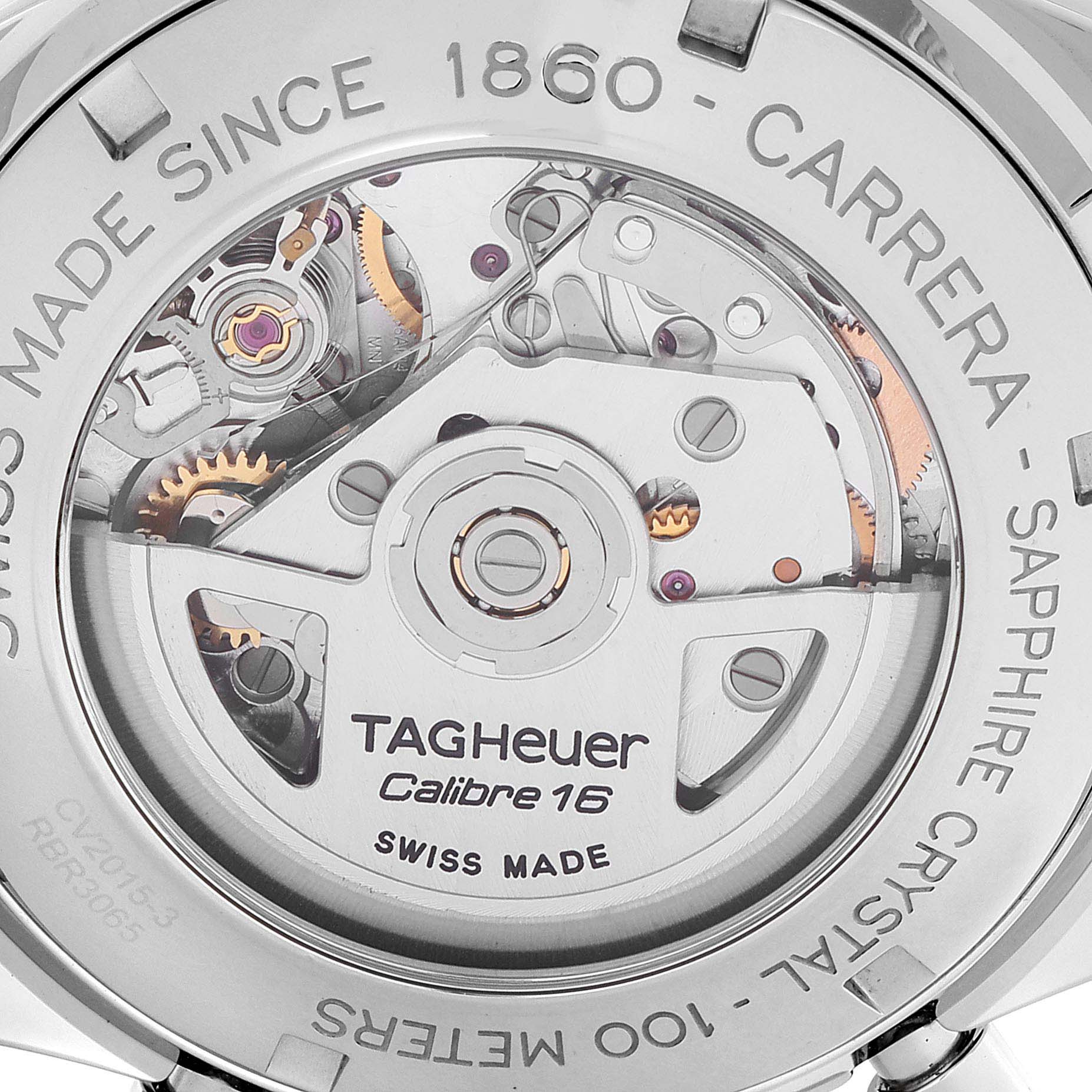 An internal view of the Tag Heuer Carrera CV2A1V.BA0738 Men
s Stainless Steel Blue Dial CV2A1V.BA0738 Men
s Stainless Steel Blue Dial model watch, showcasing its Calibre 16 movement through a transparent case back.