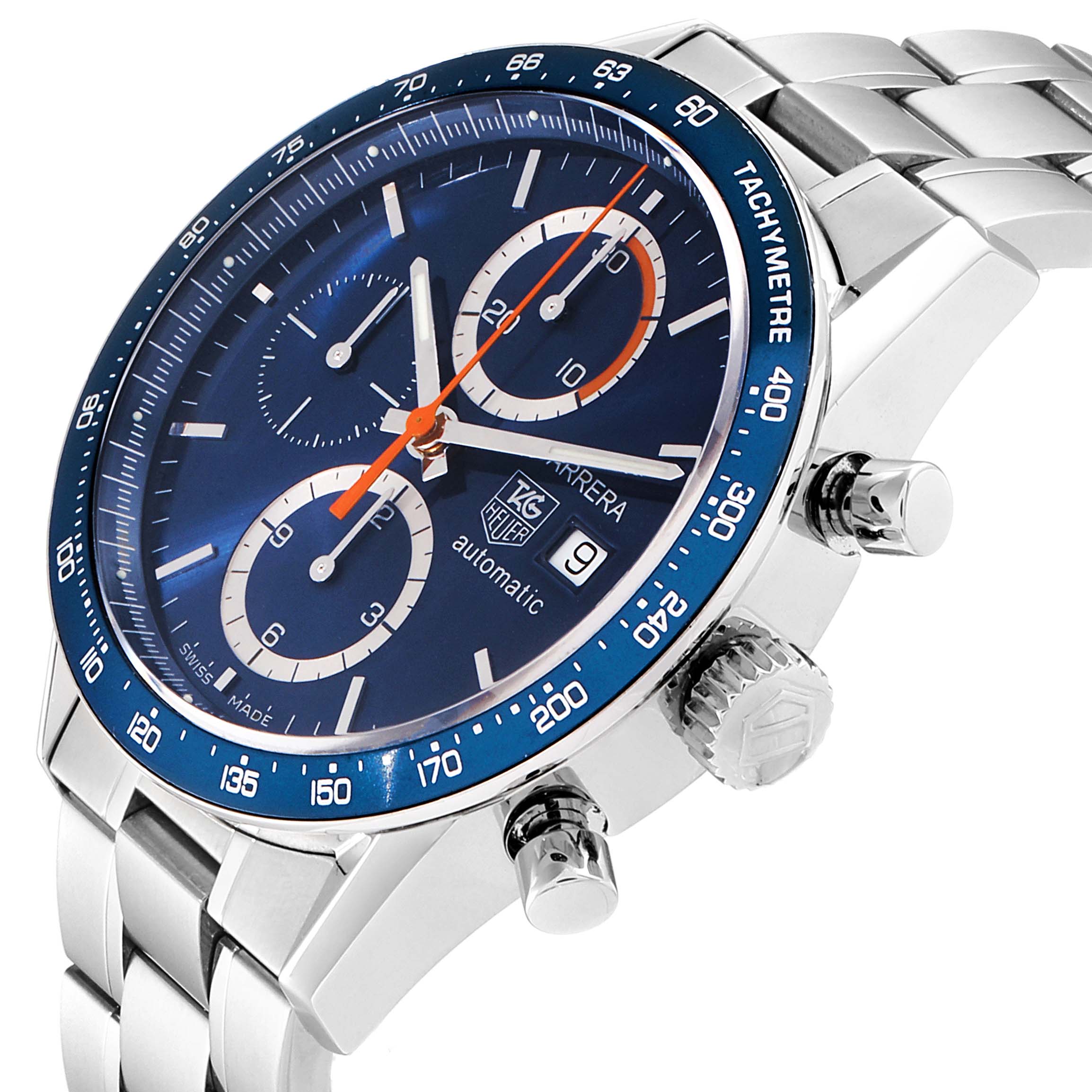 The image shows a Tag Heuer Carrera CV2A1V.BA0738 Men
s Stainless Steel Blue Dial CV2A1V.BA0738 Men
s Stainless Steel Blue Dial watch at an angled close-up, highlighting the face, bezel, crown, and band.